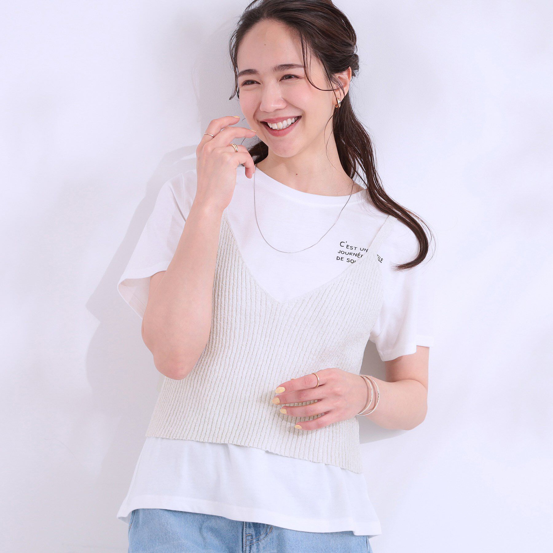SHOO･LA･RUE「【S-LL/2点セット】ラメニットキャミ＆ロゴTシャツ」|その他|ホワイト(001)
