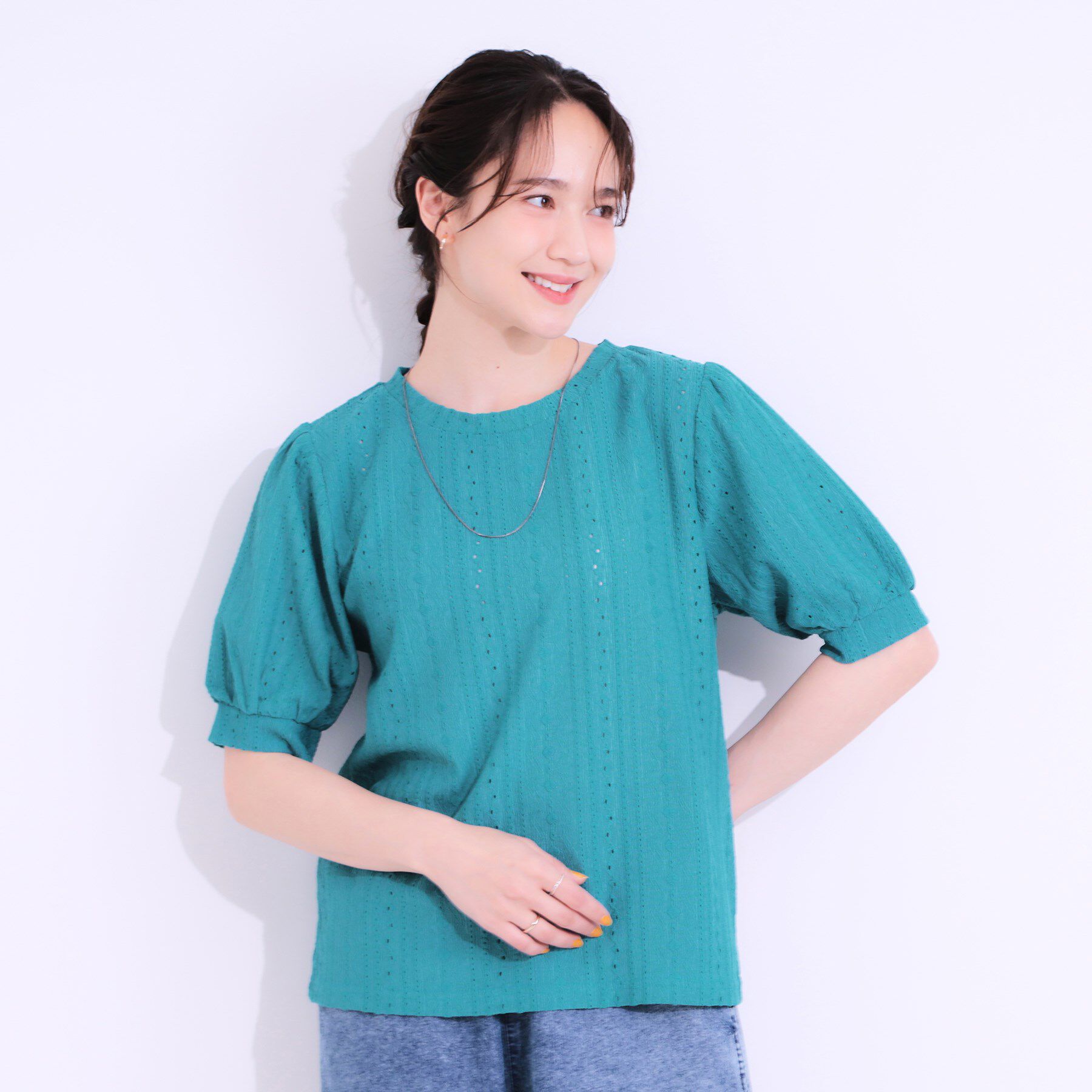 SHOO･LA･RUE「【S-LL/二の腕カバー】大人フェミニンな印象に ジャカードレーストップス」|Tシャツ・カットソー|