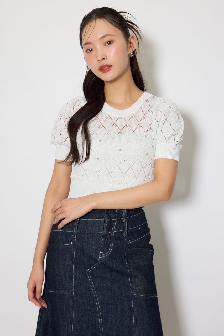 rienda「ビジュー付きバックリボンニットトップス」|ニット・セーター|WHT