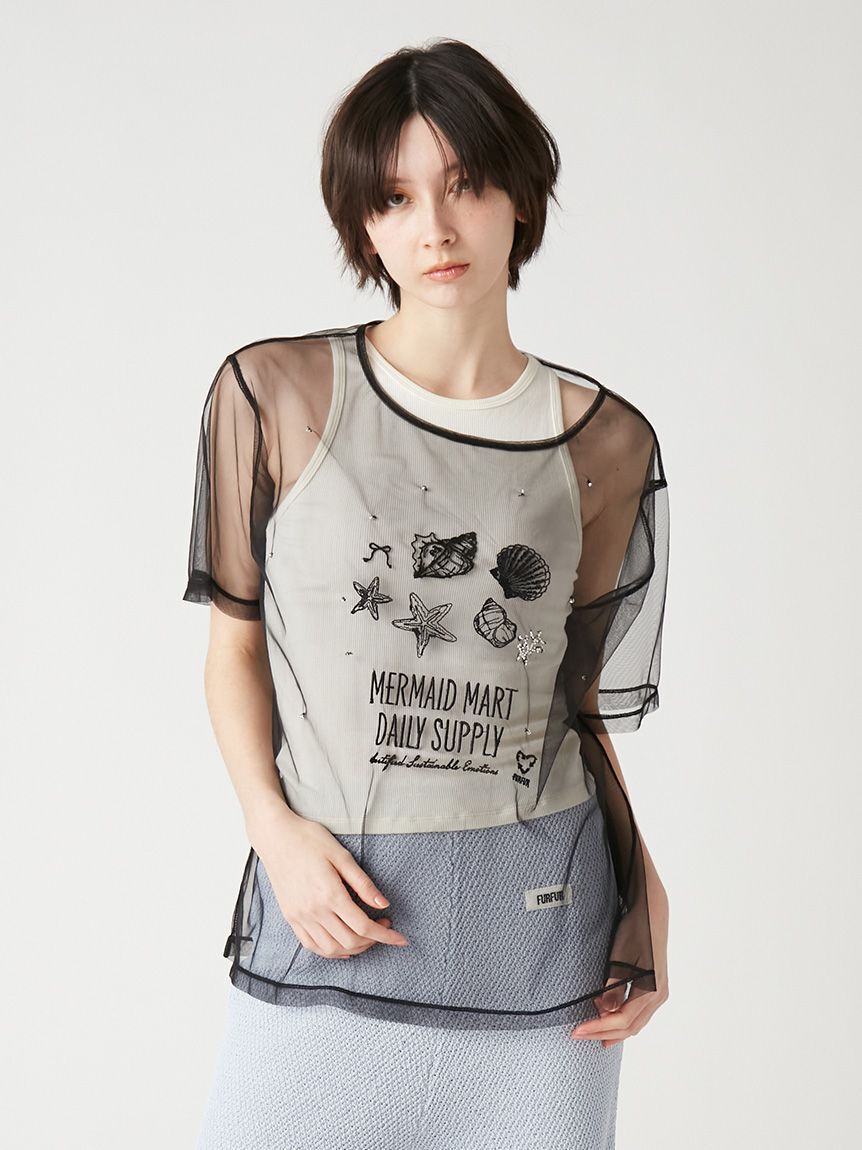 FURFUR「マリン刺繍チュールセットTシャツ」|Tシャツ・カットソー|BLK