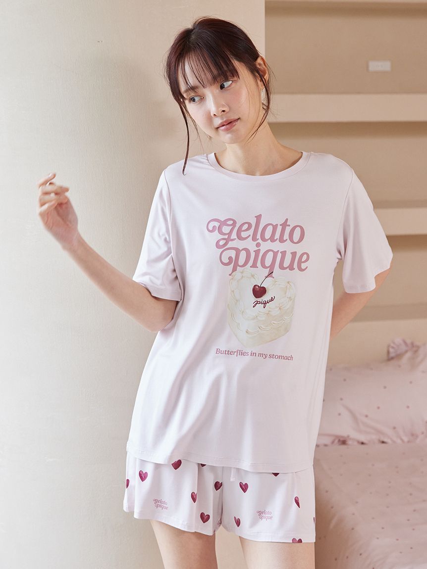 gelato pique「【ONLINE限定】【接触冷感】ケーキワンポイントTシャツ&ハート柄ショートパンツセット」|ルームウェア|