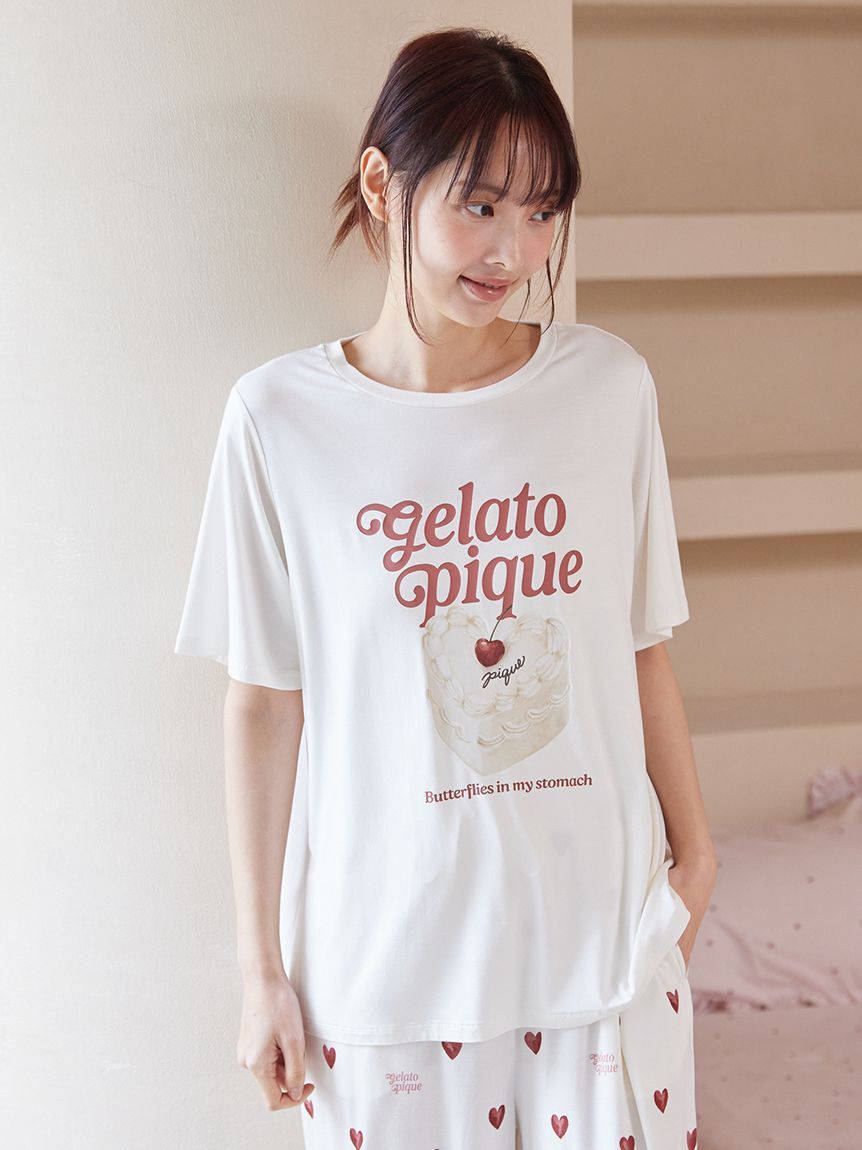 gelato pique「【ONLINE限定】【接触冷感】ケーキワンポイントTシャツ&ハート柄ロングパンツセット」|ルームウェア|