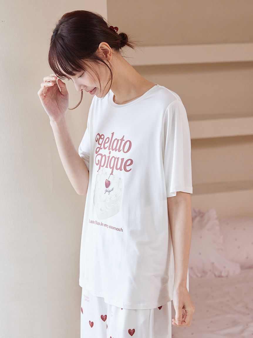 gelato pique「【ONLINE限定】【接触冷感】ケーキワンポイントTシャツ&ハート柄ロングパンツセット」|ルームウェア|