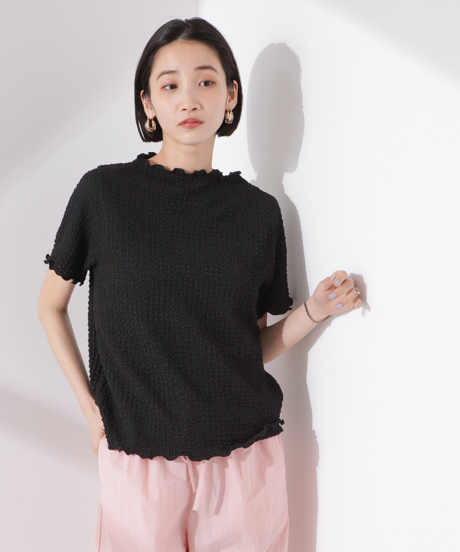 nano･universe「シャーリングジャガード半袖ナロートップス (セットアップ可)」|Tシャツ・カットソー|