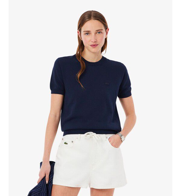 LACOSTE「シームレス3Dニット半袖セーター」|ニット・セーター|ネイビー