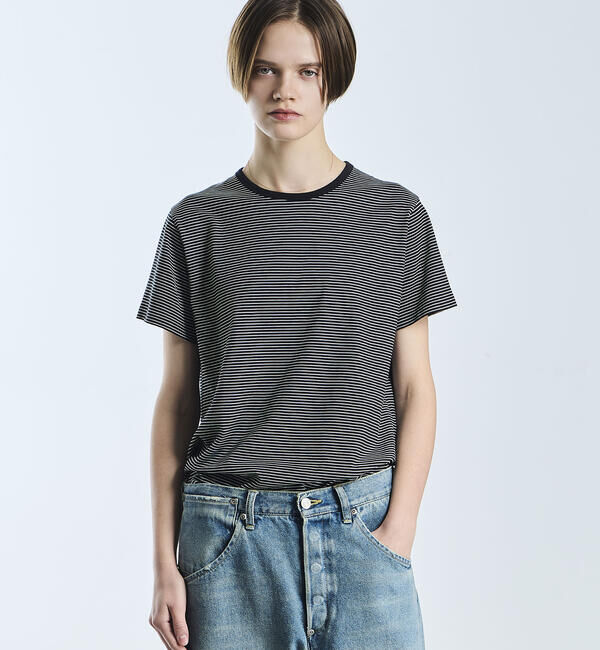 handvaerk「handvaerk | 60/2 クルーネック半袖Tシャツ STRIPE WOMEN」|Tシャツ・カットソー|BLACK系1