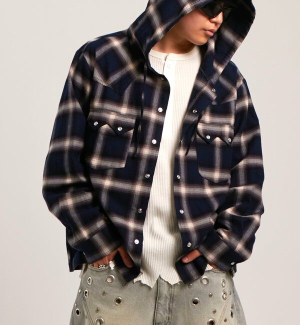  「【UNISEX】Sourcreamウエスタンオンブレチェックフードシャツ」|シャツ・ブラウス|