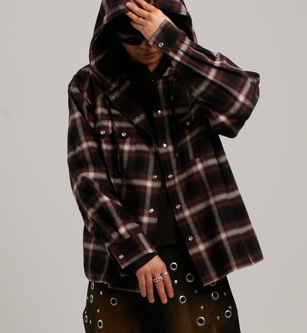  「【UNISEX】Sourcreamウエスタンオンブレチェックフードシャツ」|シャツ・ブラウス|