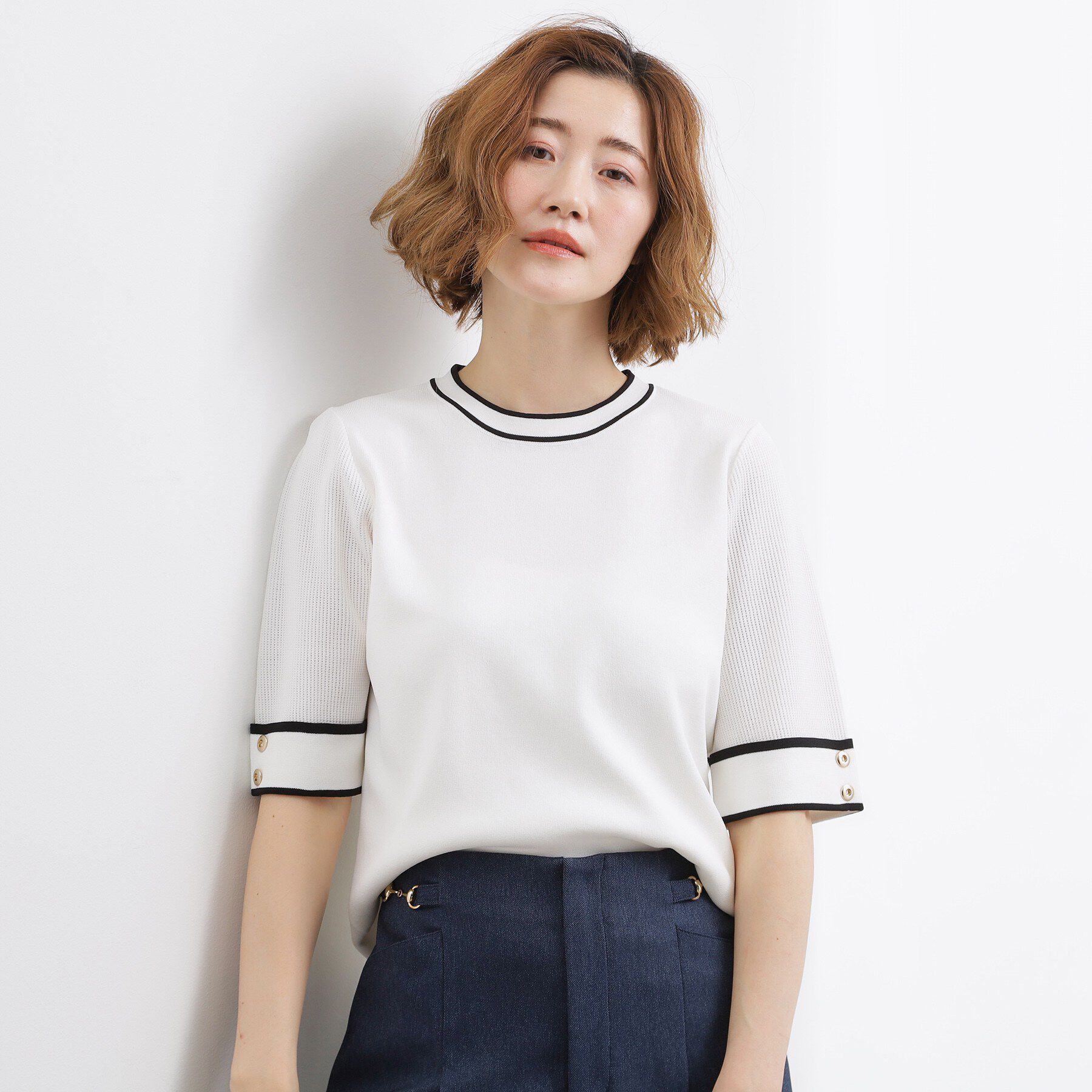 grove「【シリーズ累計36万枚/名品ニット】やわらかドライタッチ 袖メッシュ編みニット」|ニット・セーター|