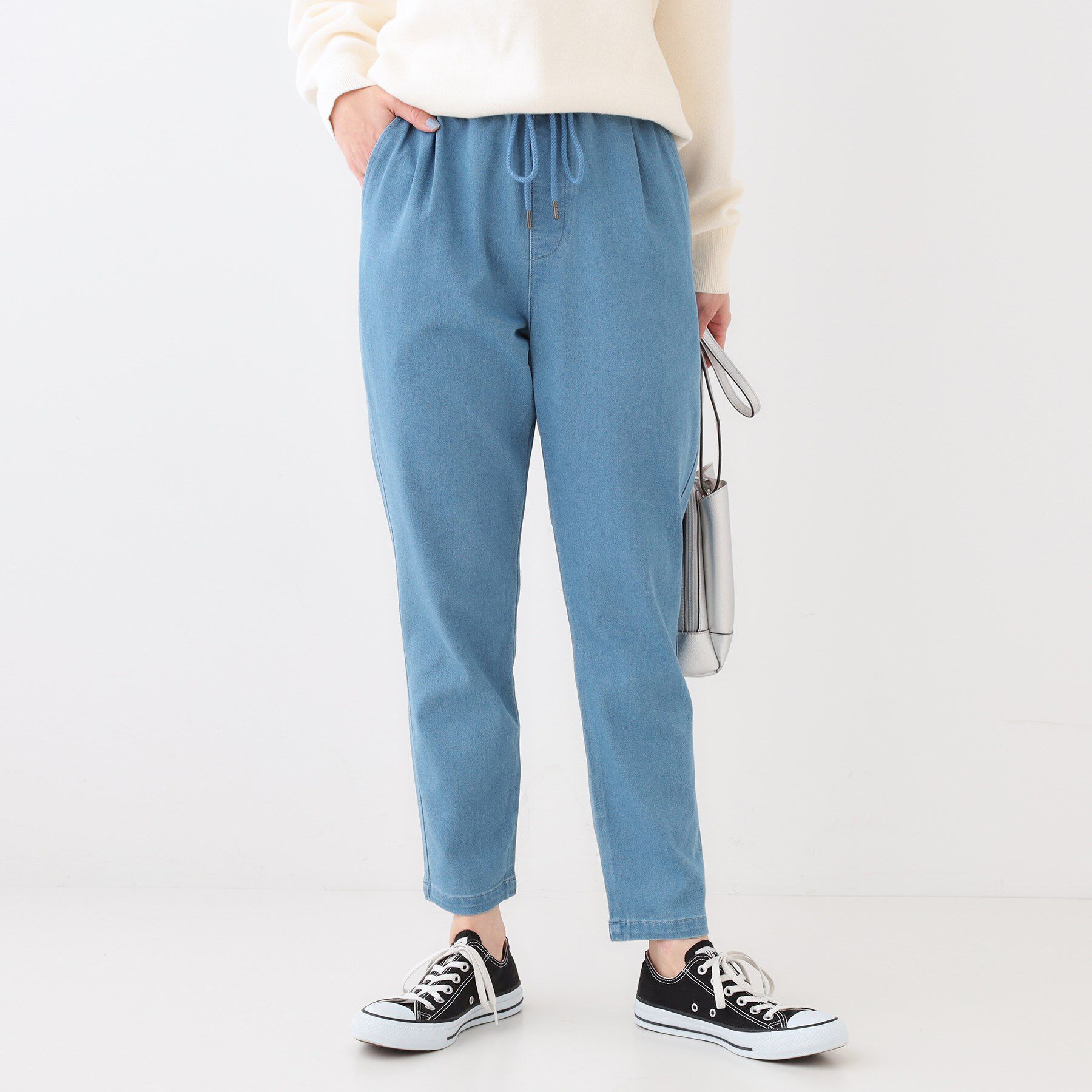 SHOO･LA･RUE「【洗える/SS-3L/美脚シルエット】アクティブ派のデニム イージーテーパードパンツ」|その他|ブルー(092)