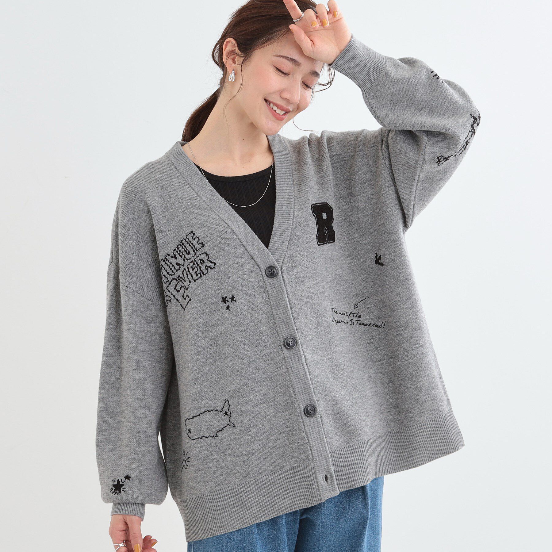 SHOO･LA･RUE「【S-LL/体型カバー】刺繍アソート Vネック ゆるニットカーディガン」|カーディガン|グレー(112)