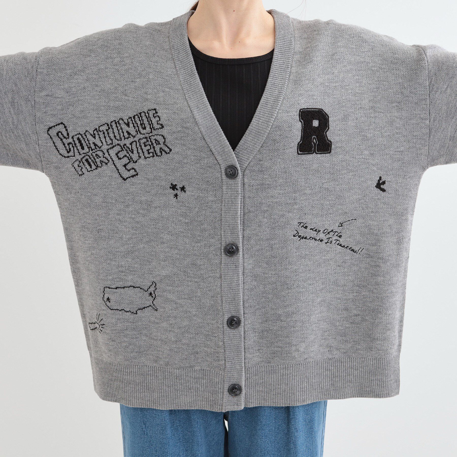 SHOO･LA･RUE「【S-LL/体型カバー】刺繍アソート Vネック ゆるニットカーディガン」|カーディガン|