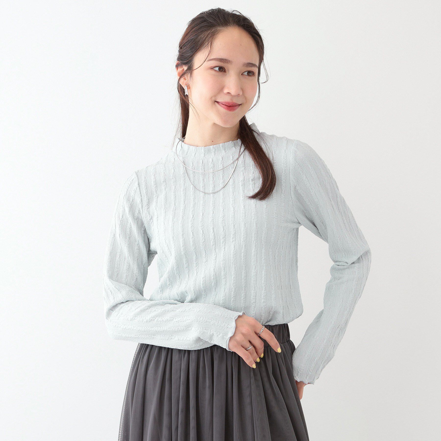 SHOO･LA･RUE「【S-LL】一枚でもインナーでも ふくれジャカード プチハイネックトップス」|Tシャツ・カットソー|