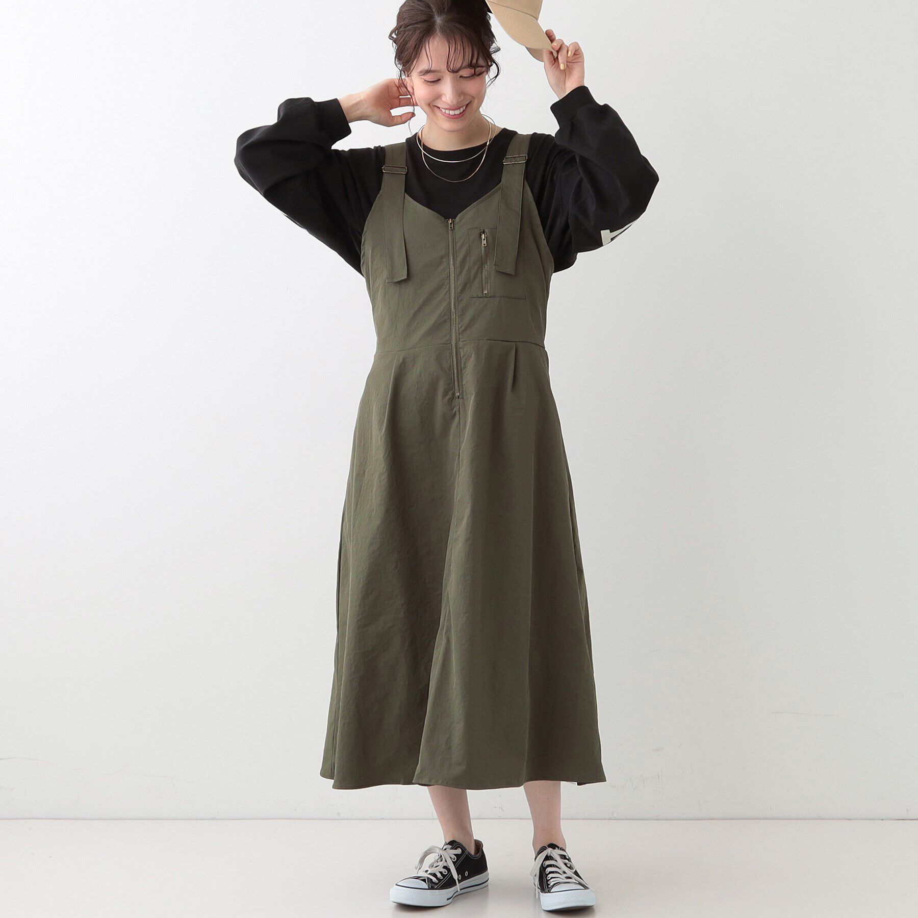 SHOO･LA･RUE「【S-LL】ロングシーズン着られる フロントZIPジャンスカ」|ワンピース|カーキ(027)