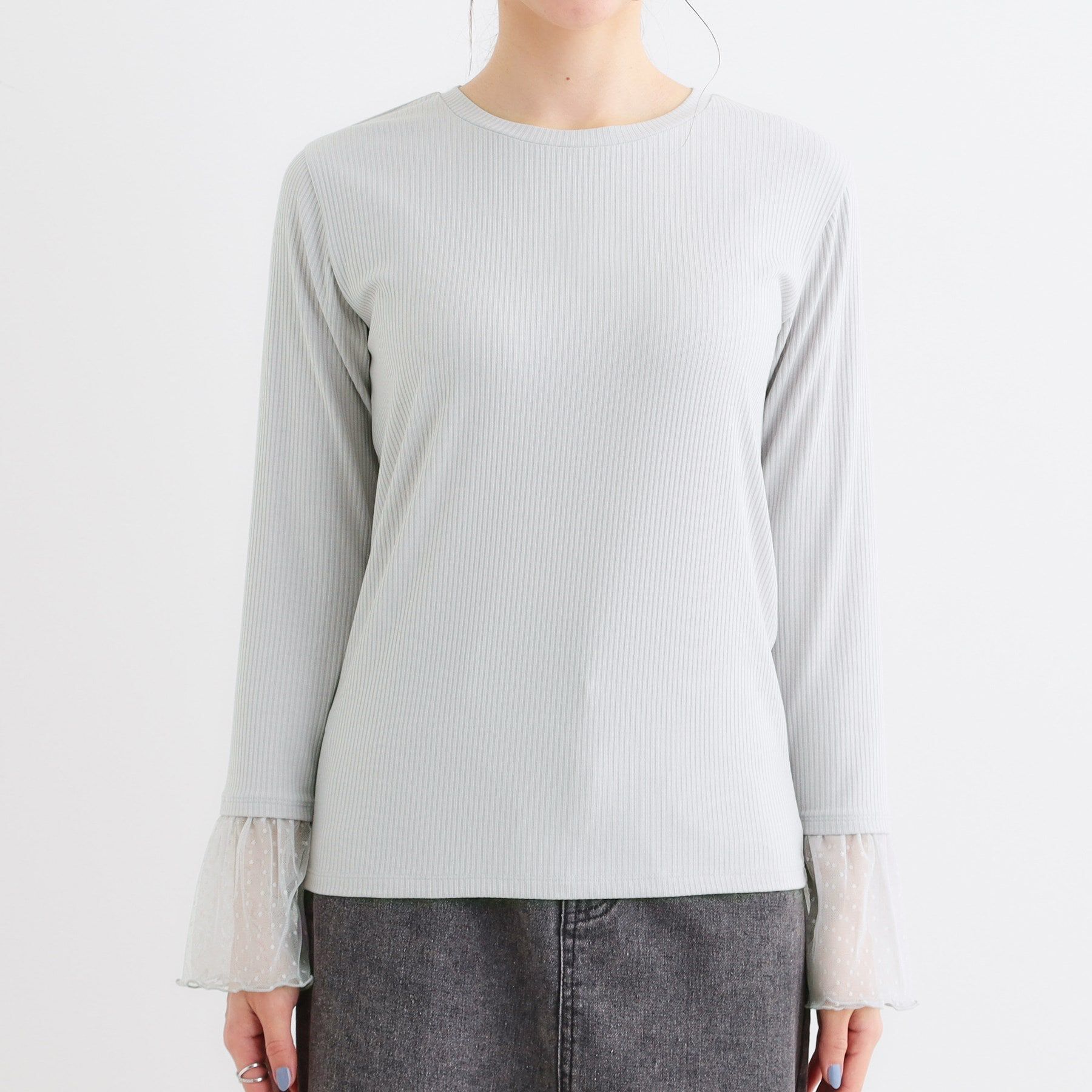 SHOO･LA･RUE「【S-LL】重ね着コーデで差をつける お袖チュールリブトップス」|Tシャツ・カットソー|