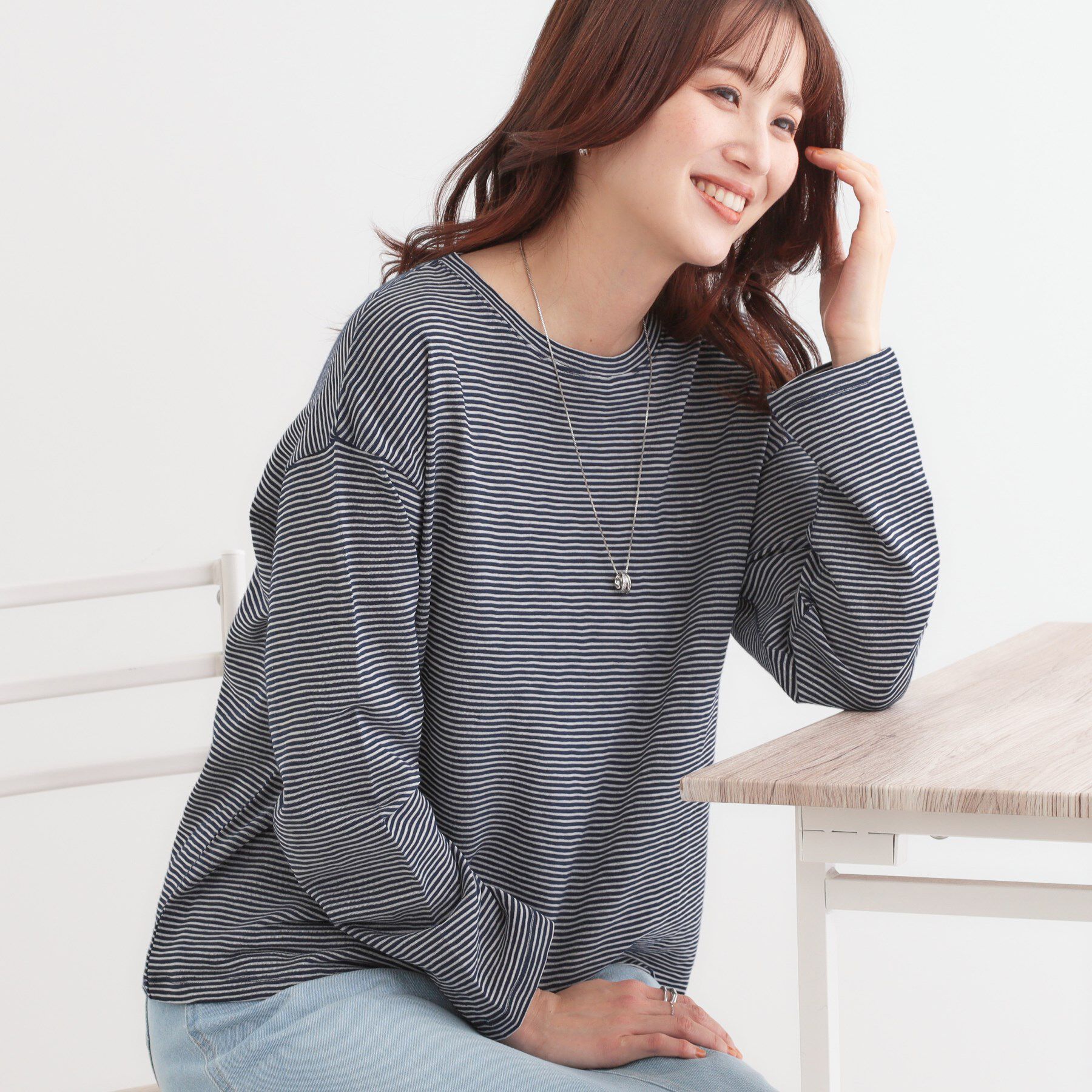 SHOO･LA･RUE「【洗える/S-LL】大人カジュアルに スラブボーダーロンT」|Tシャツ・カットソー|ネイビー(394)