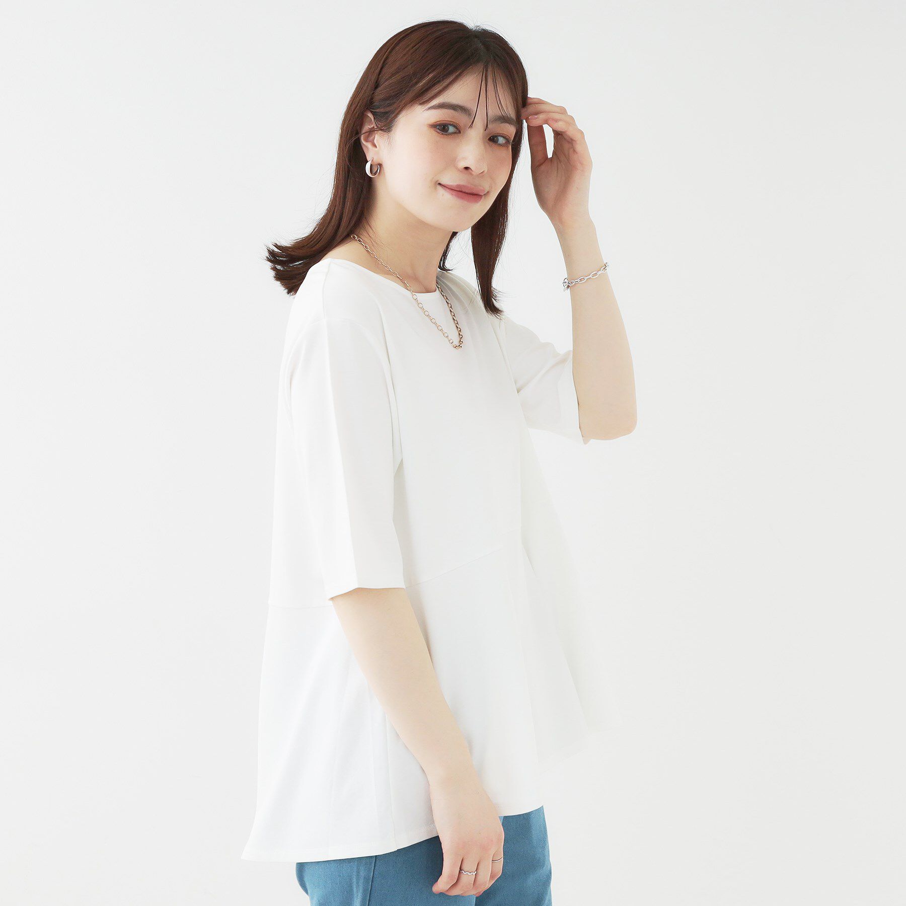SHOO･LA･RUE「【ひんやり/UV】インせず着られる とろみペプラム5分袖トップス」|Tシャツ・カットソー|