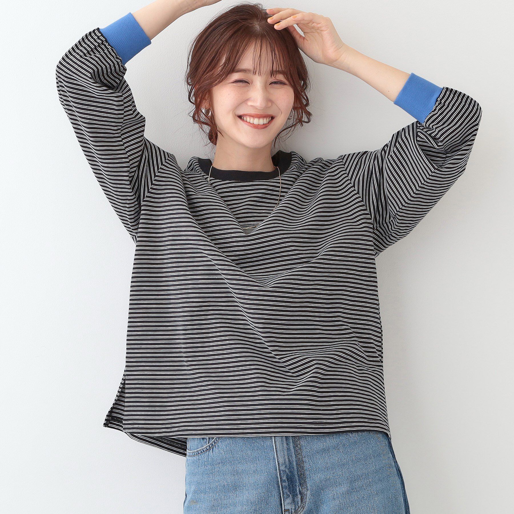 SHOO･LA･RUE「【洗える】ボーダーリブカットソー」|Tシャツ・カットソー|ブルー(392)