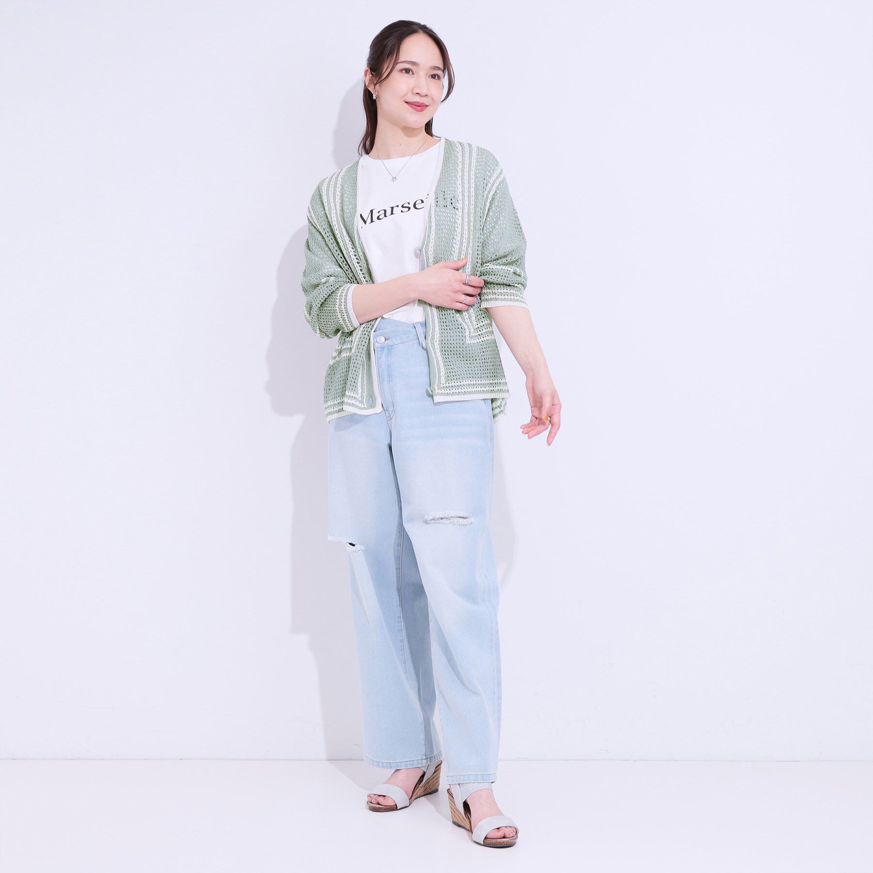 SHOO･LA･RUE「レースのような編み柄が上品 Vネックカーディガン」|カーディガン|