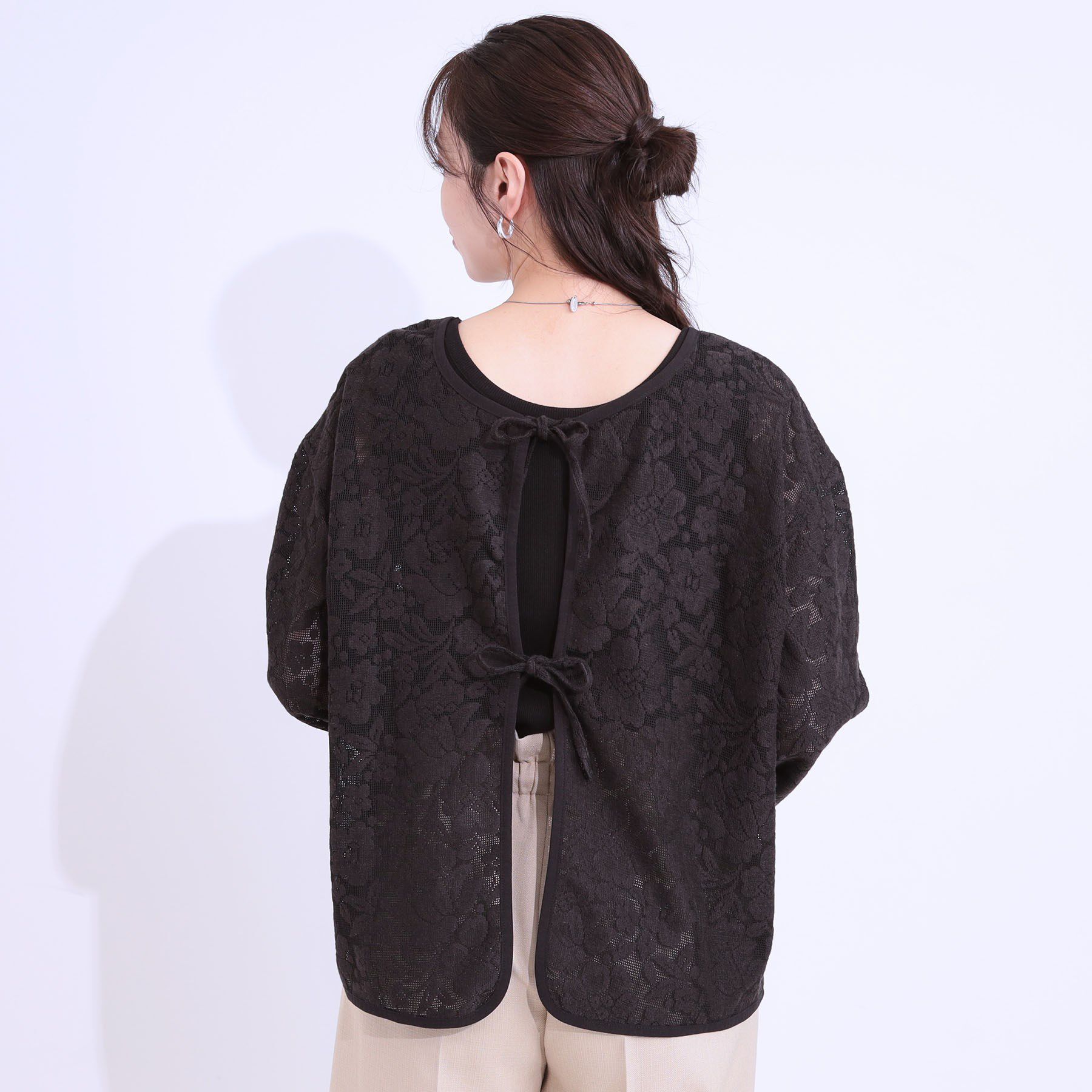 SHOO･LA･RUE「【前後2WAY/S-LL】メッシュ&times;レースがこなれ見え リボントップス」|Tシャツ・カットソー|