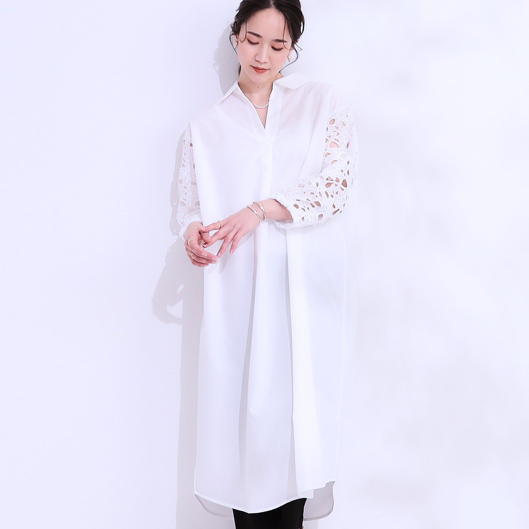SHOO･LA･RUE「お袖レースが上品な シャツワンピース」|ワンピース|オフホワイト(003