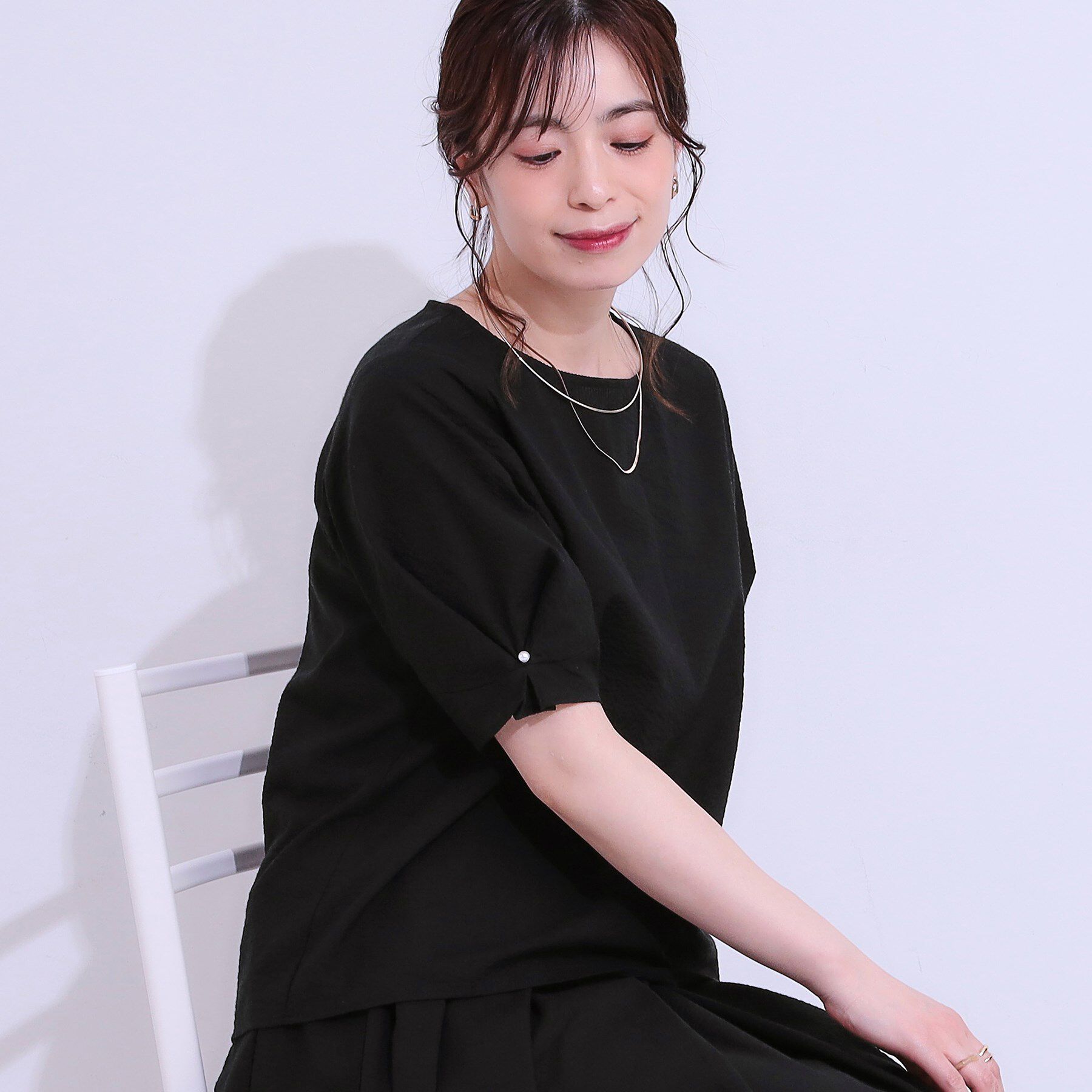SHOO･LA･RUE「【S-LL/セットアップ可/5分袖】涼しくこなれる お袖タックブラウス」|シャツ・ブラウス|ブラック(019)