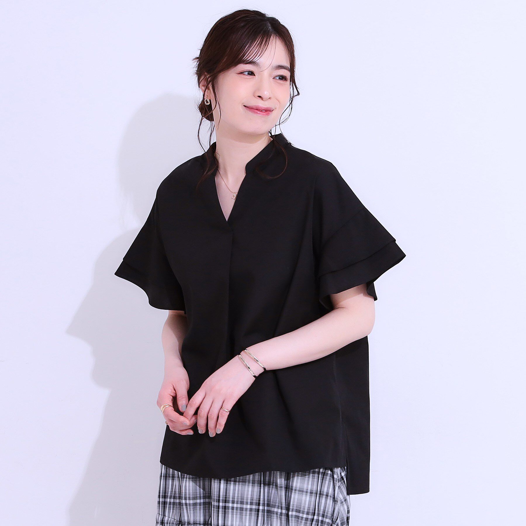 SHOO･LA･RUE「【洗える/S-LL】袖フリルスキッパーシャツ」|シャツ・ブラウス|