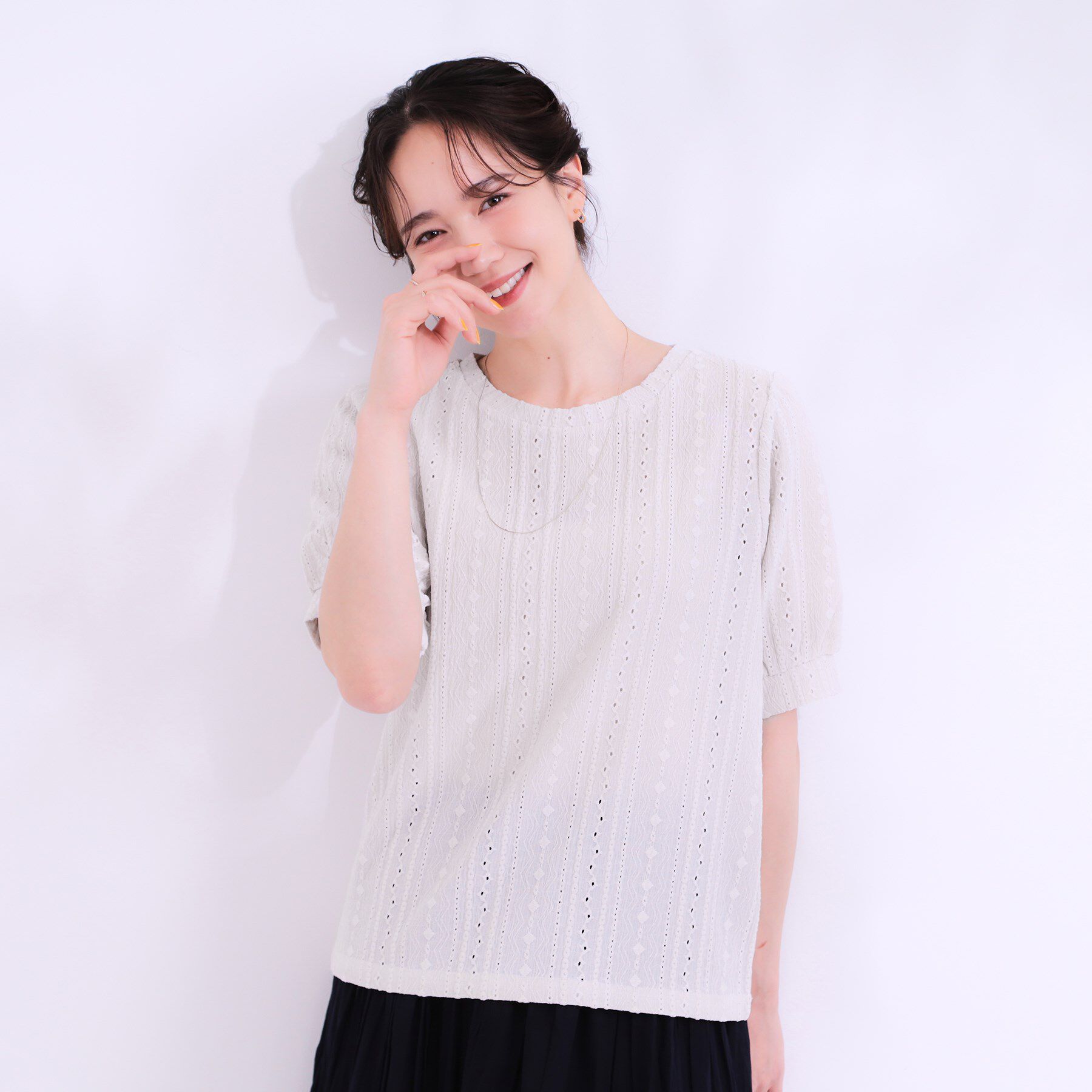 SHOO･LA･RUE「【S-LL/二の腕カバー】大人フェミニンな印象に ジャカードレーストップス」|Tシャツ・カットソー|