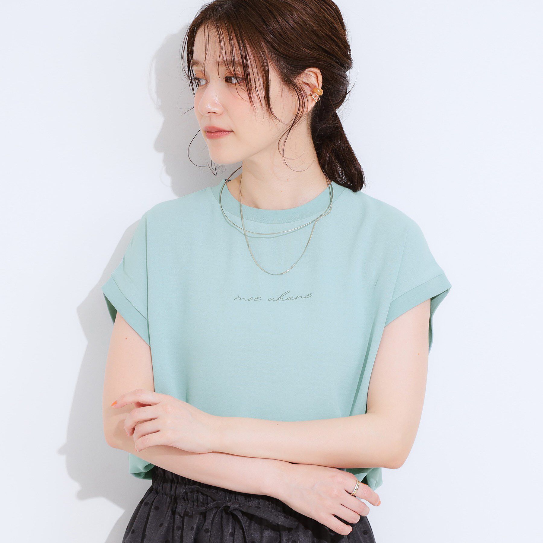 SHOO･LA･RUE「【S-LL/ひんやり/洗濯後しわになりにくい】程よいシアー感 ロゴTシャツブラウス」|シャツ・ブラウス|ミントグリーン(02