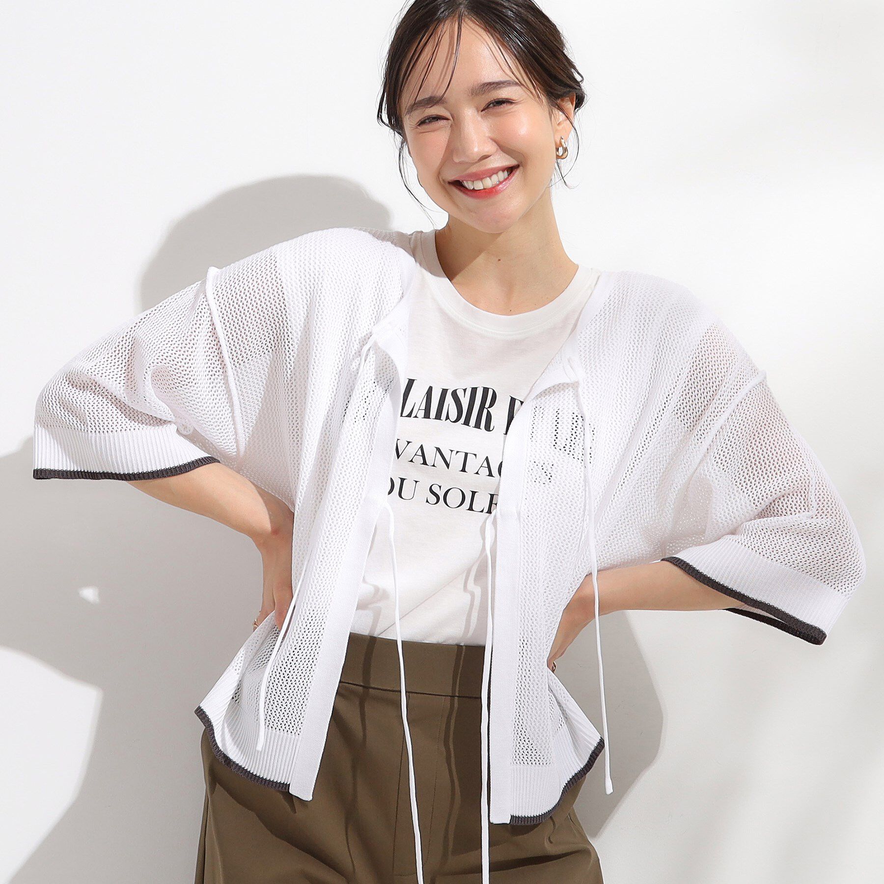SHOO･LA･RUE「【2点セット/S-LL】メッシュリボン2WAYニット&times;フレンチスリーブTシャツ」|その他|ホワイト(001)