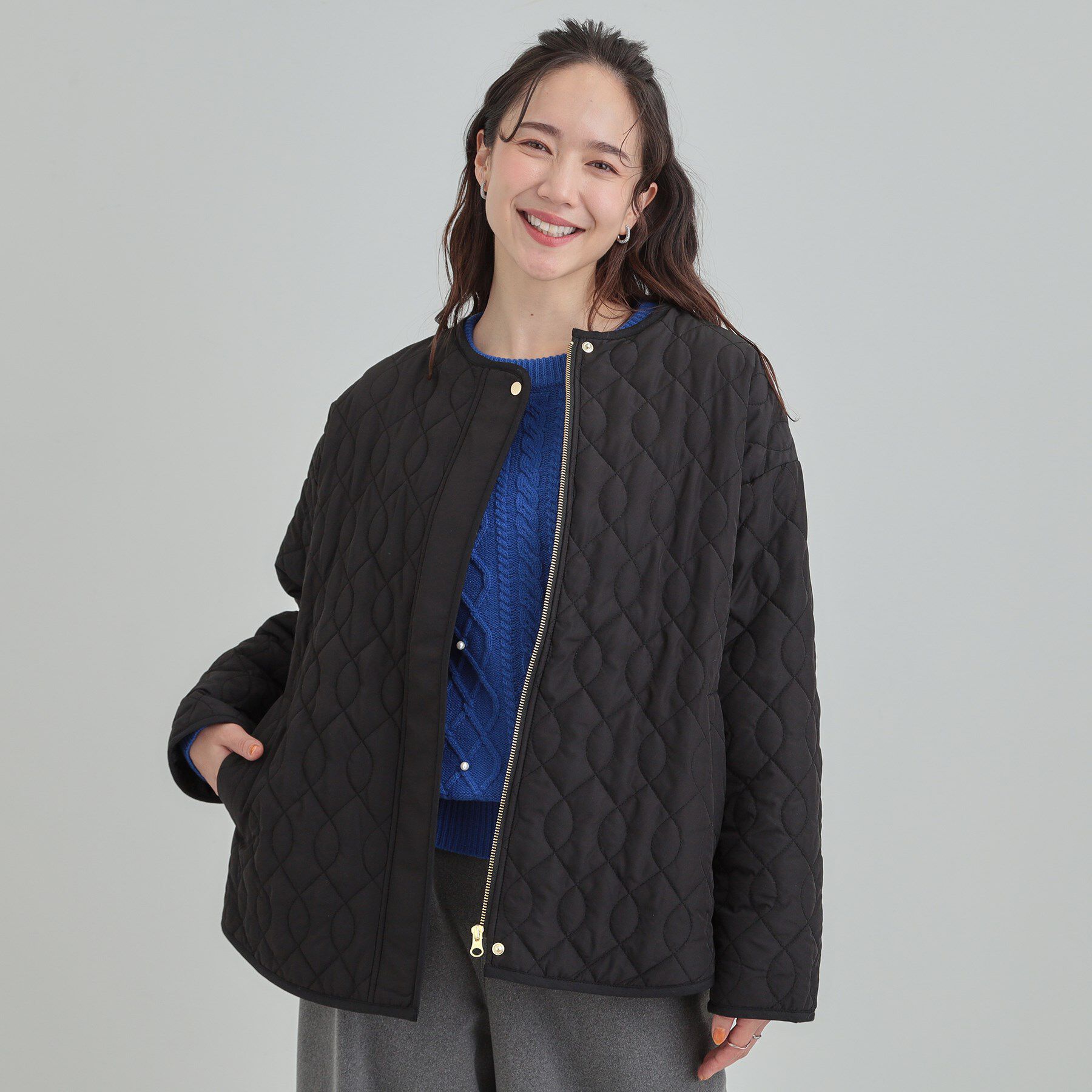 SHOO･LA･RUE「【洗濯機可/S-LL/撥水】ゴールドパーツで上品に 大人が着たい ノーカラーキルトジャケット」|ノーカラージャケット|