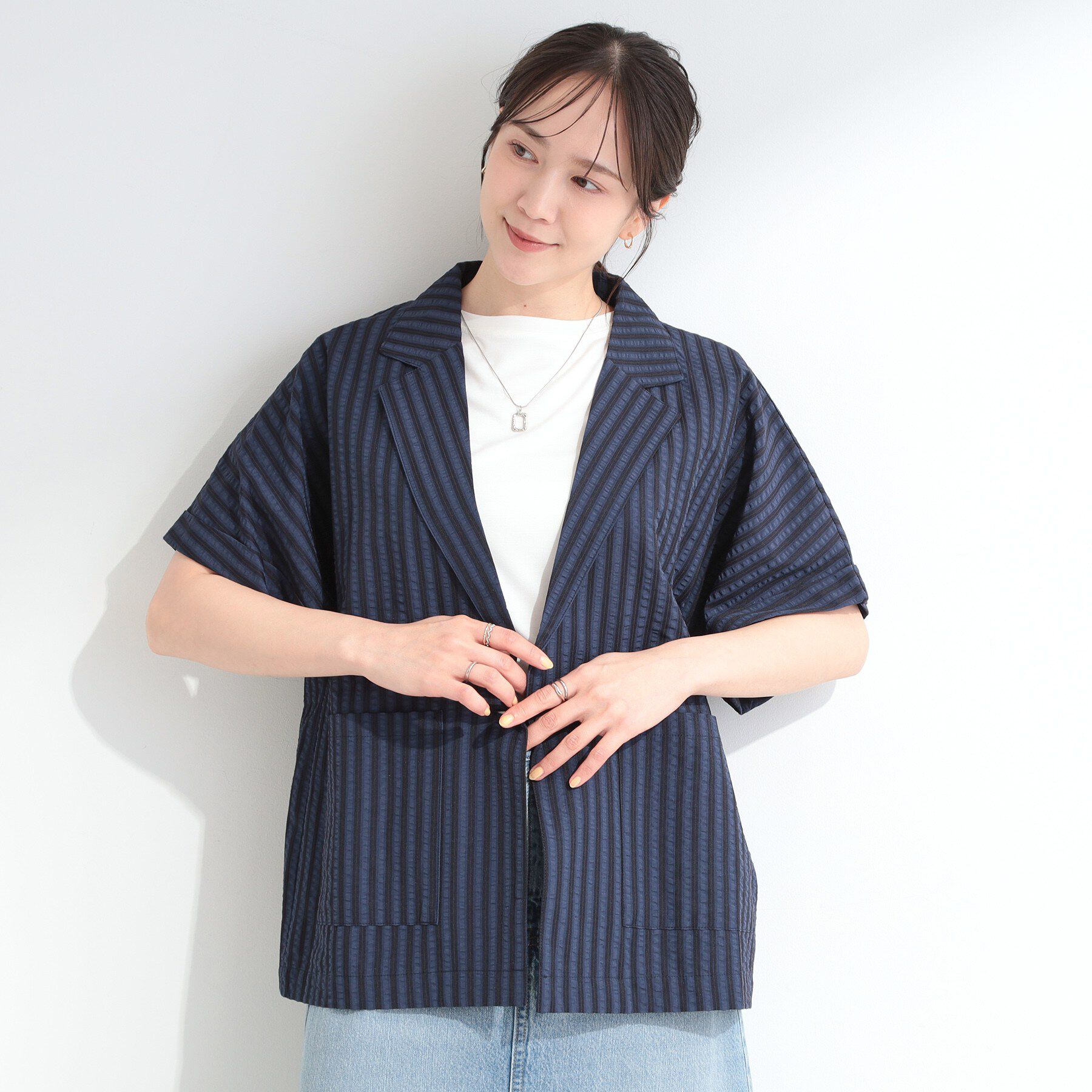 SHOO･LA･RUE「【ひんやり/吸水速乾/セットアップ可】カジュアルときちんと感を両立 サッカーストライプシャツジャケッ」|テーラードジャケット|