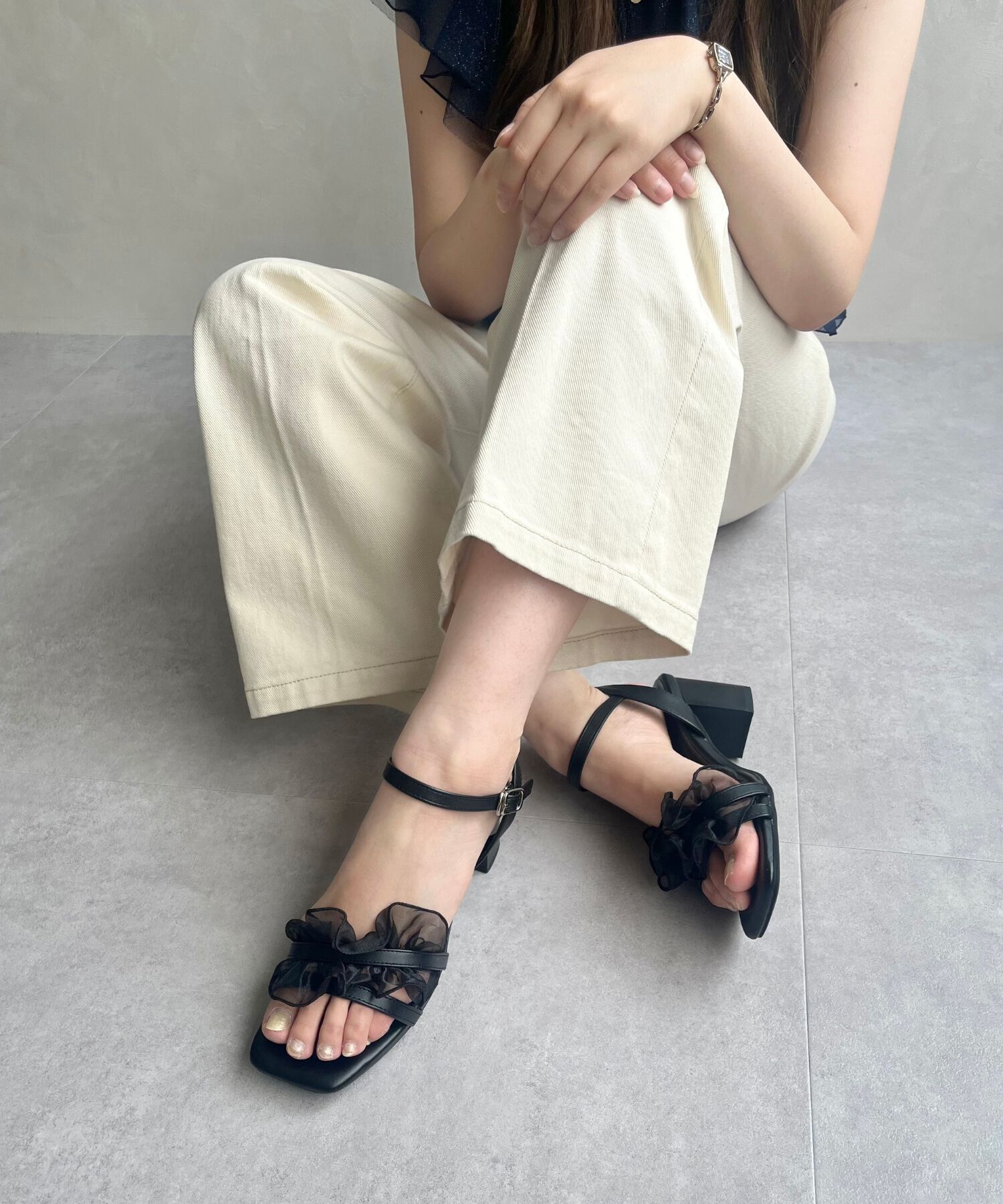ORiental TRaffic「【WEB限定】フリルストラップヒールサンダル/55210 トレンド 人気 ヒール7cm」|サンダル|BLACK
