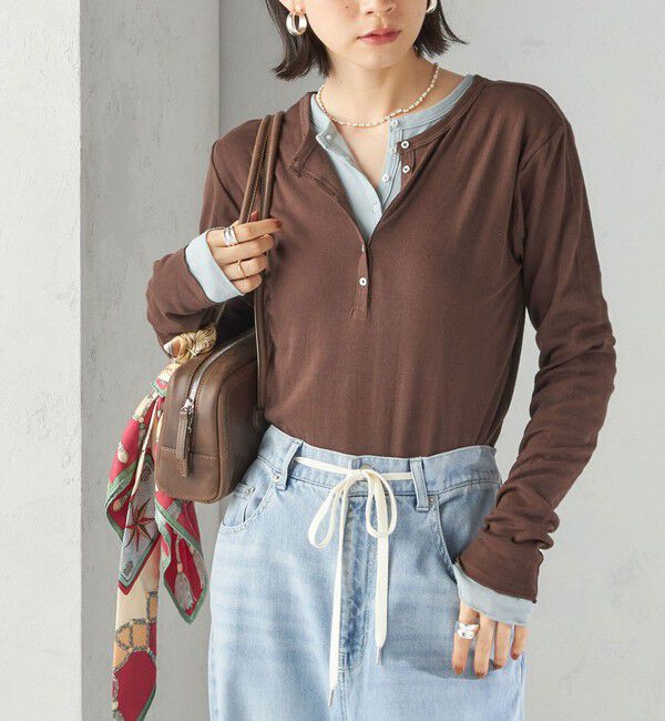 SHIPS for women「【SHIPS別注】miller: シアー ヘンリー ネック ロング スリーブ TEE」|Tシャツ・カットソー|ブラウン