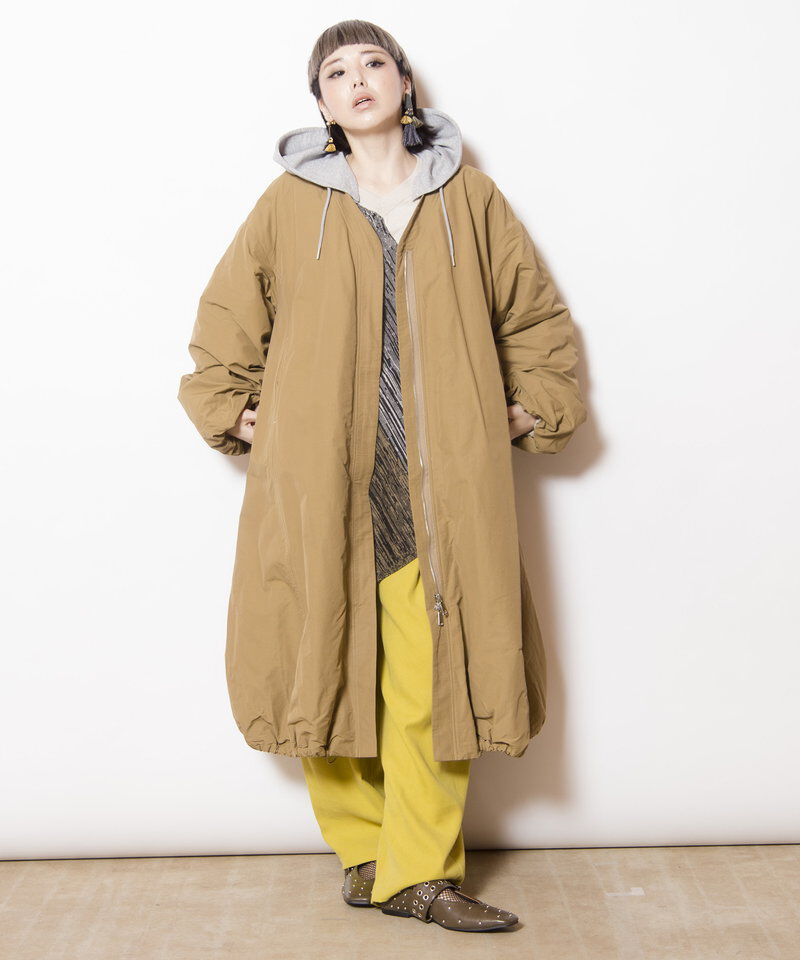 「フーデッドバルーンコート」|ノーカラーコート|