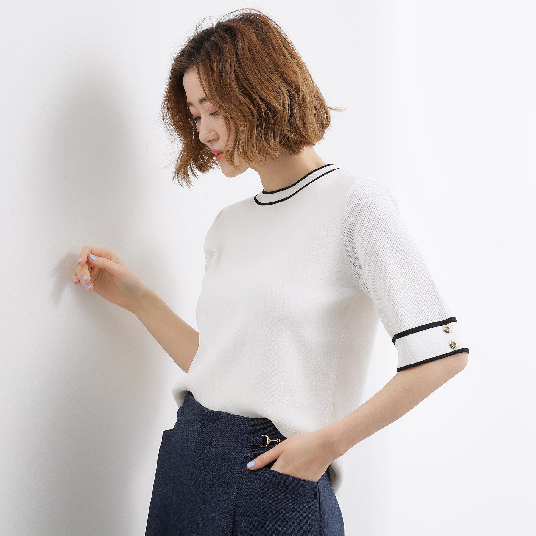 grove「【シリーズ累計36万枚/名品ニット】やわらかドライタッチ 袖メッシュ編みニット」|ニット・セーター|