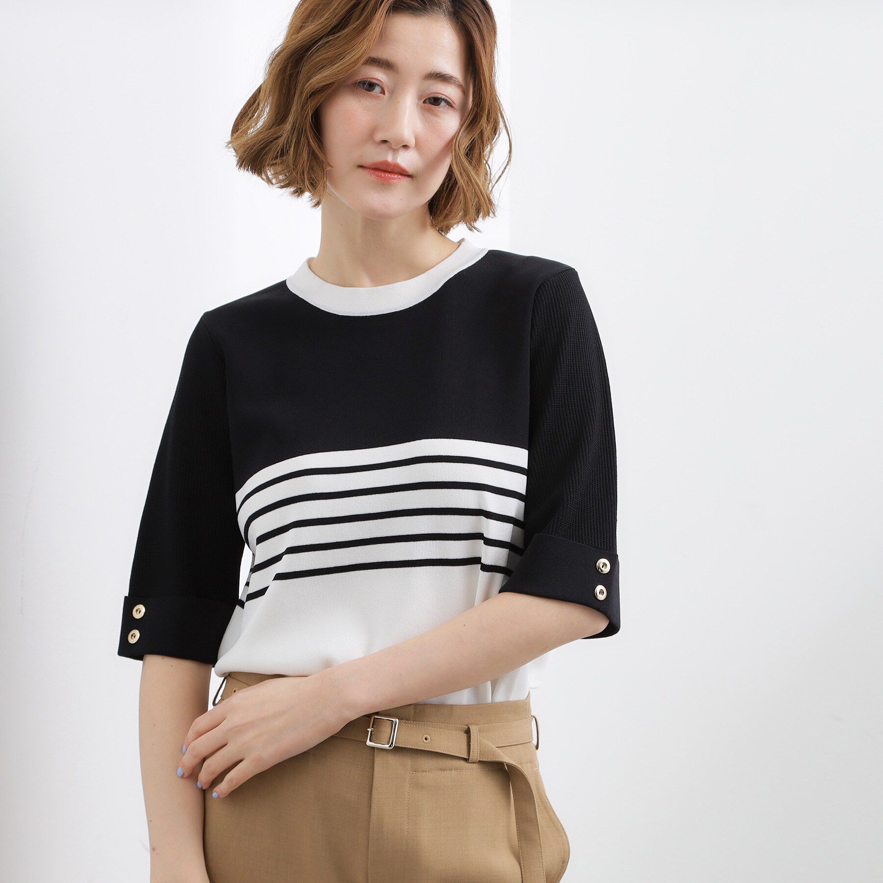 grove「【シリーズ累計36万枚/名品ニット】やわらかドライタッチ 袖メッシュ編みニット」|ニット・セーター|ブラック&times;オフ(51