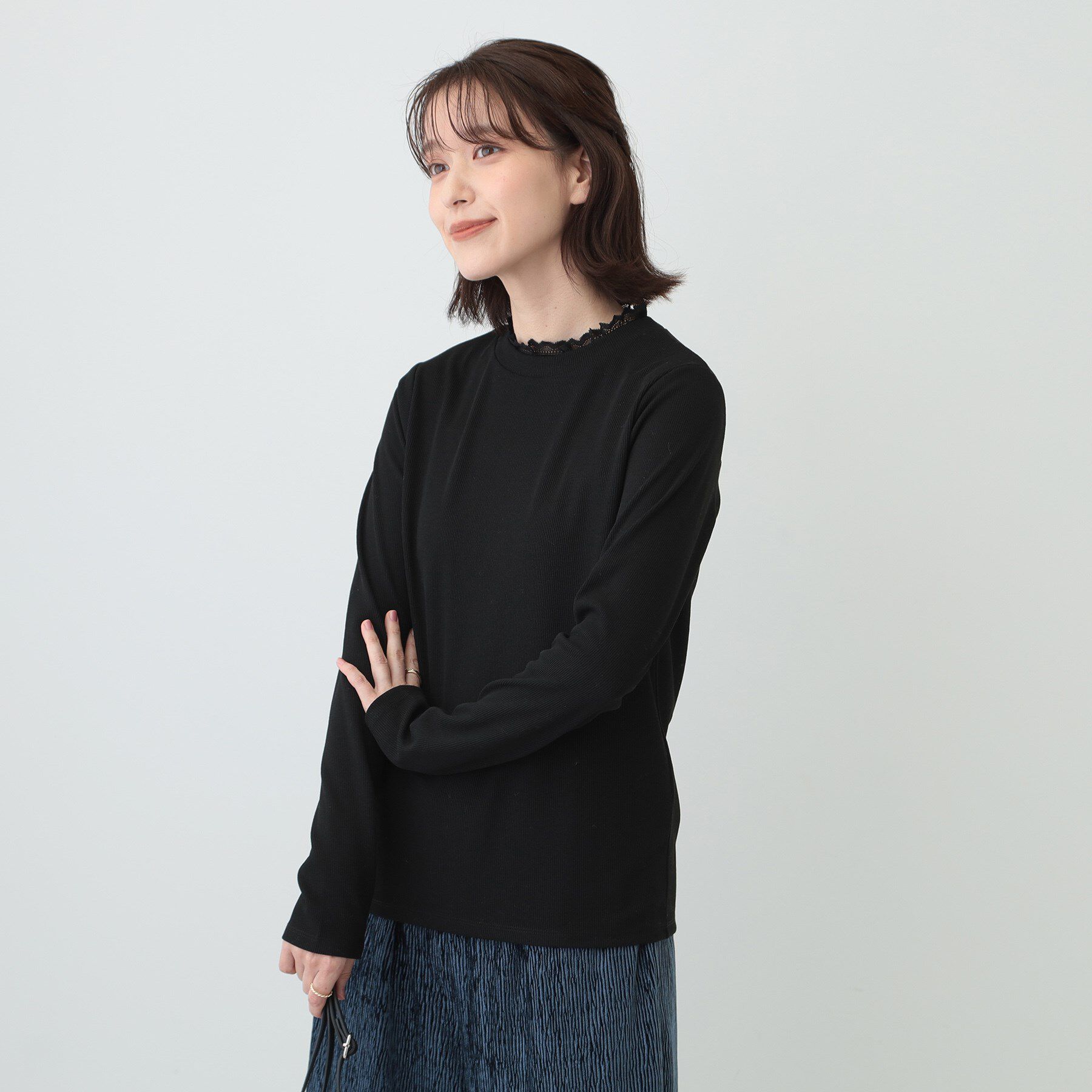 SHOO･LA･RUE「【S-LL】衿レースハイネックリブトップス」|Tシャツ・カットソー|