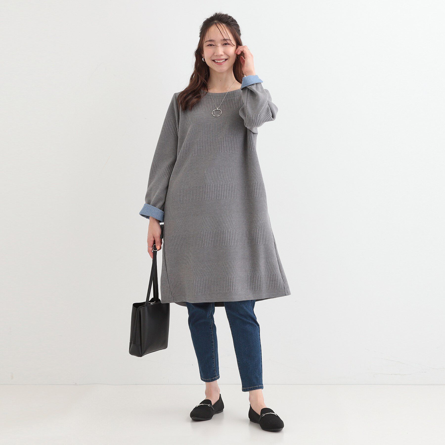 SHOO･LA･RUE「身体のラインをきれいにカバー　お袖折り返しAラインチュニックワンピース」|チュニック|