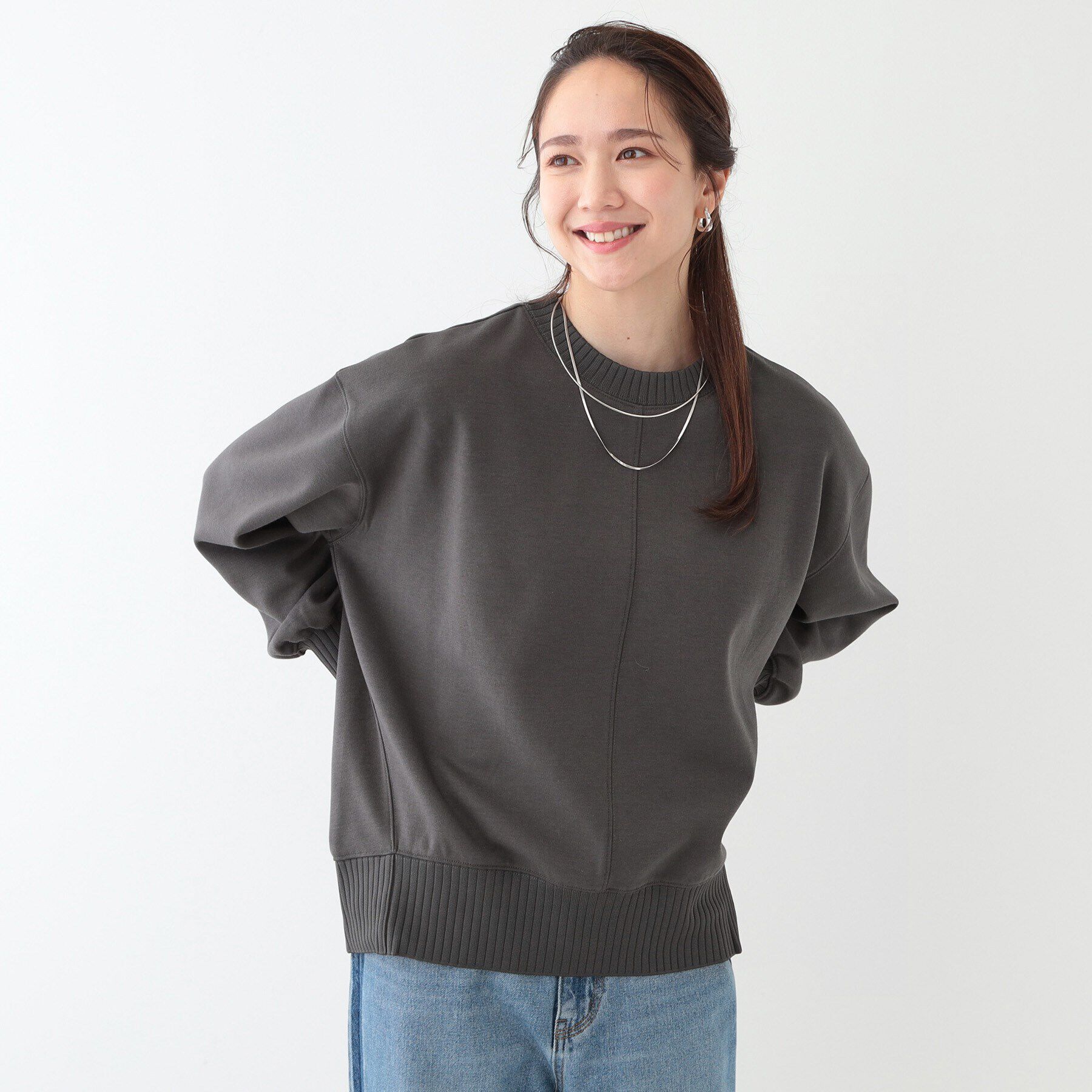 SHOO･LA･RUE「【洗える/S-LL】長めのリブでお袖すっきり 異素材トップス」|Tシャツ・カットソー|