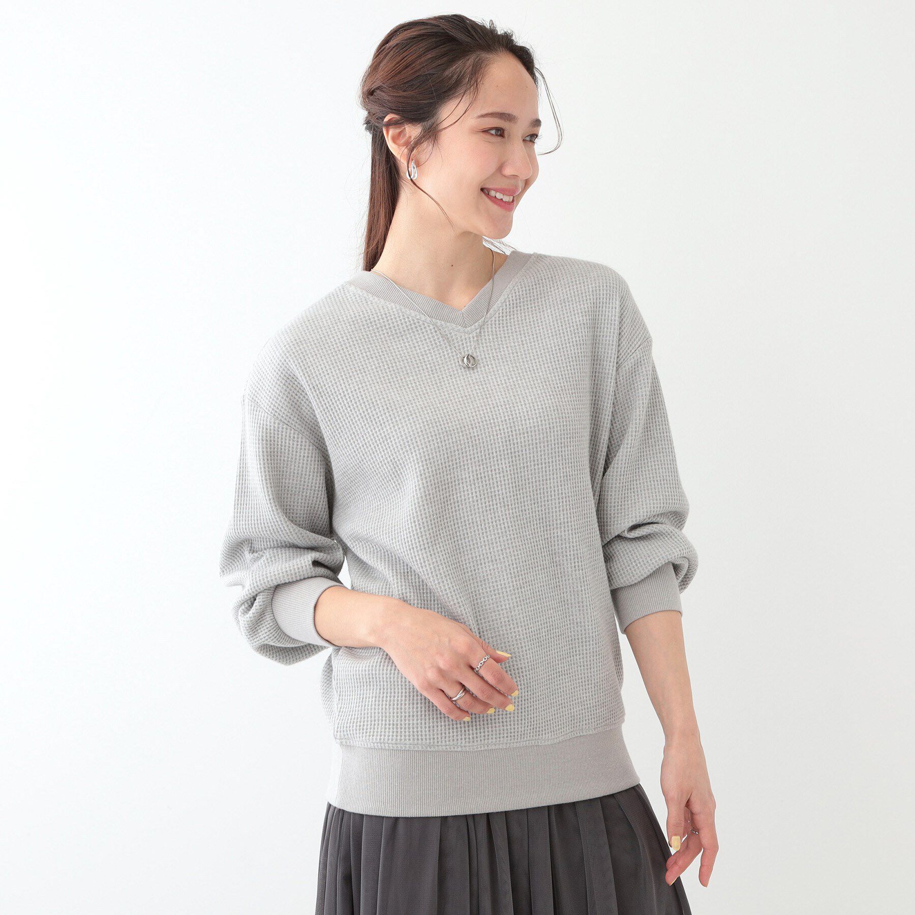 SHOO･LA･RUE「【洗える/S-LL/前後2WAY】きらっと光るラメが目を惹く ワッフルトップス」|Tシャツ・カットソー|