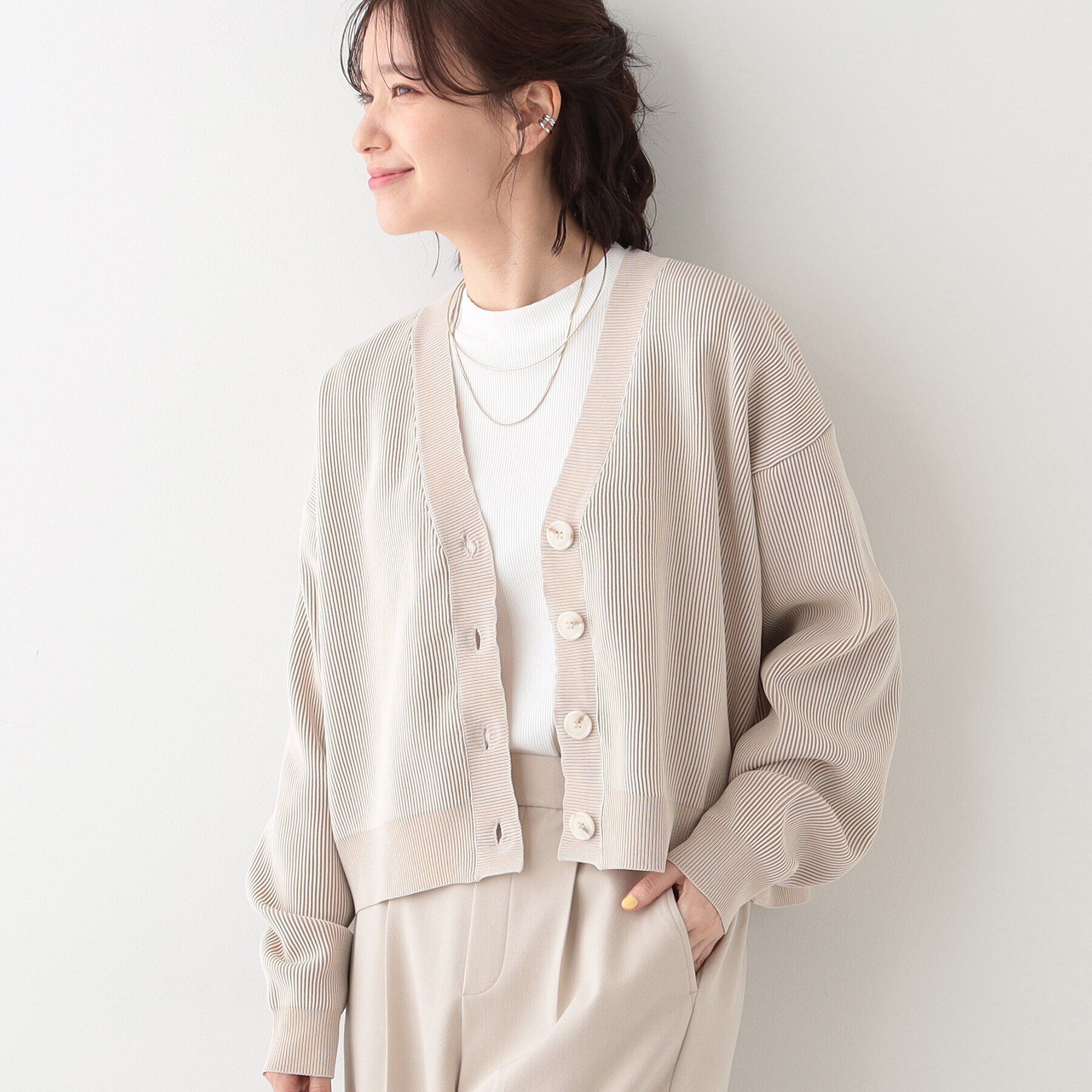 SHOO･LA･RUE「【着丈が選べる】スポンディッシュ配色畦カーディガン」|カーディガン|ベージュ(552)
