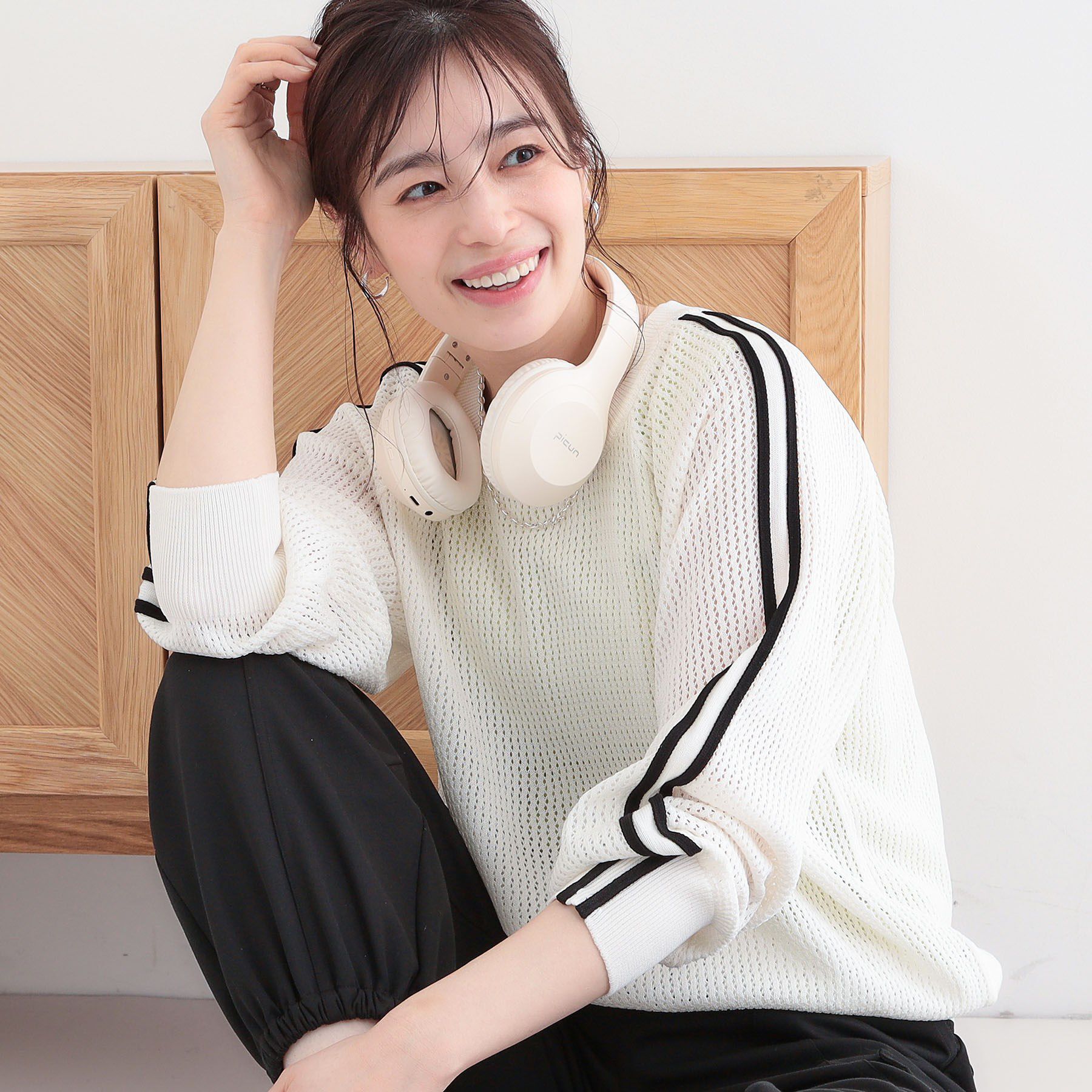 SHOO･LA･RUE「麻タッチメッシュラインニット」|ニット・セーター|ホワイト(001)