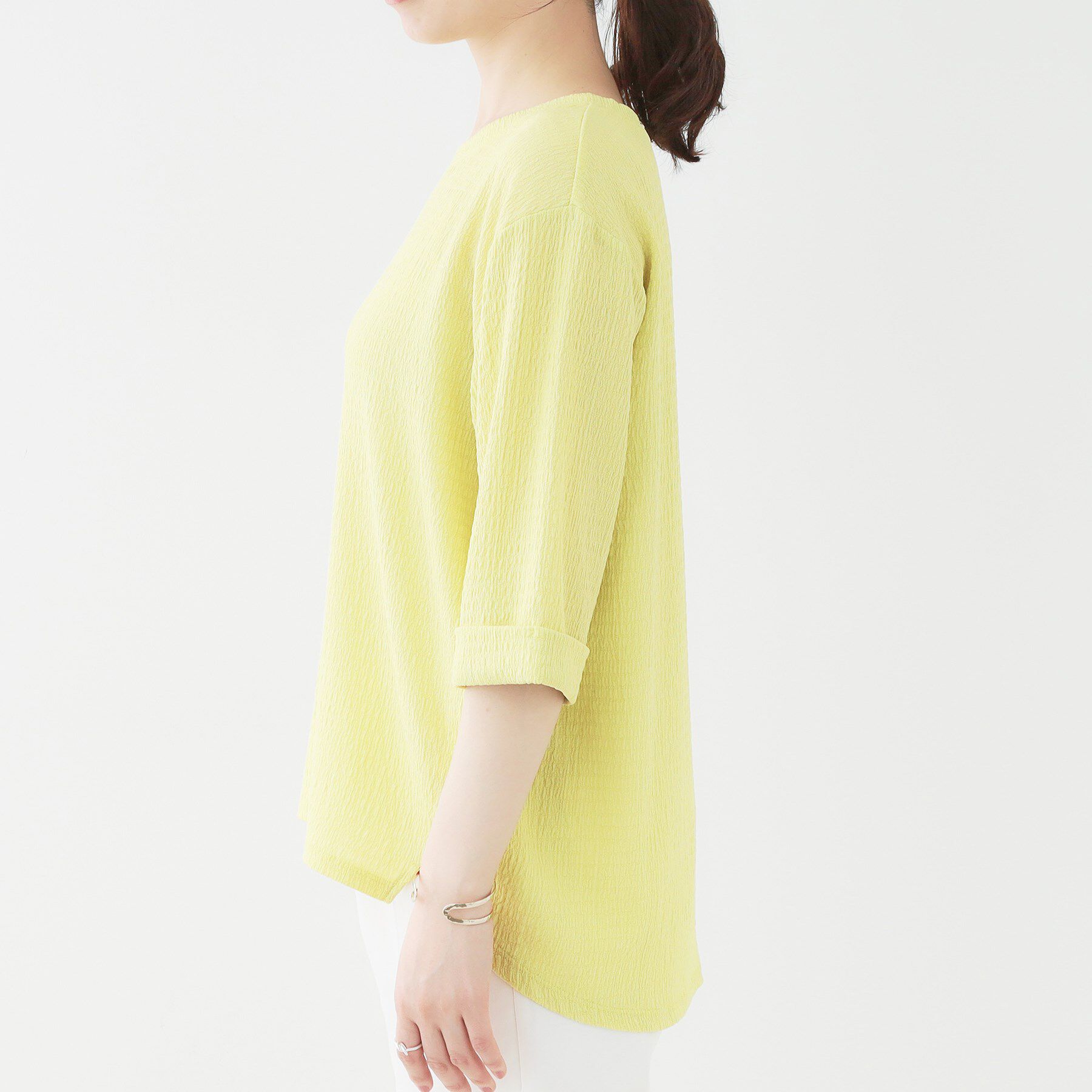 SHOO･LA･RUE「【洗える/S-LL】表面感が魅力 インせず決まる 裾タック半端袖トップス」|Tシャツ・カットソー|