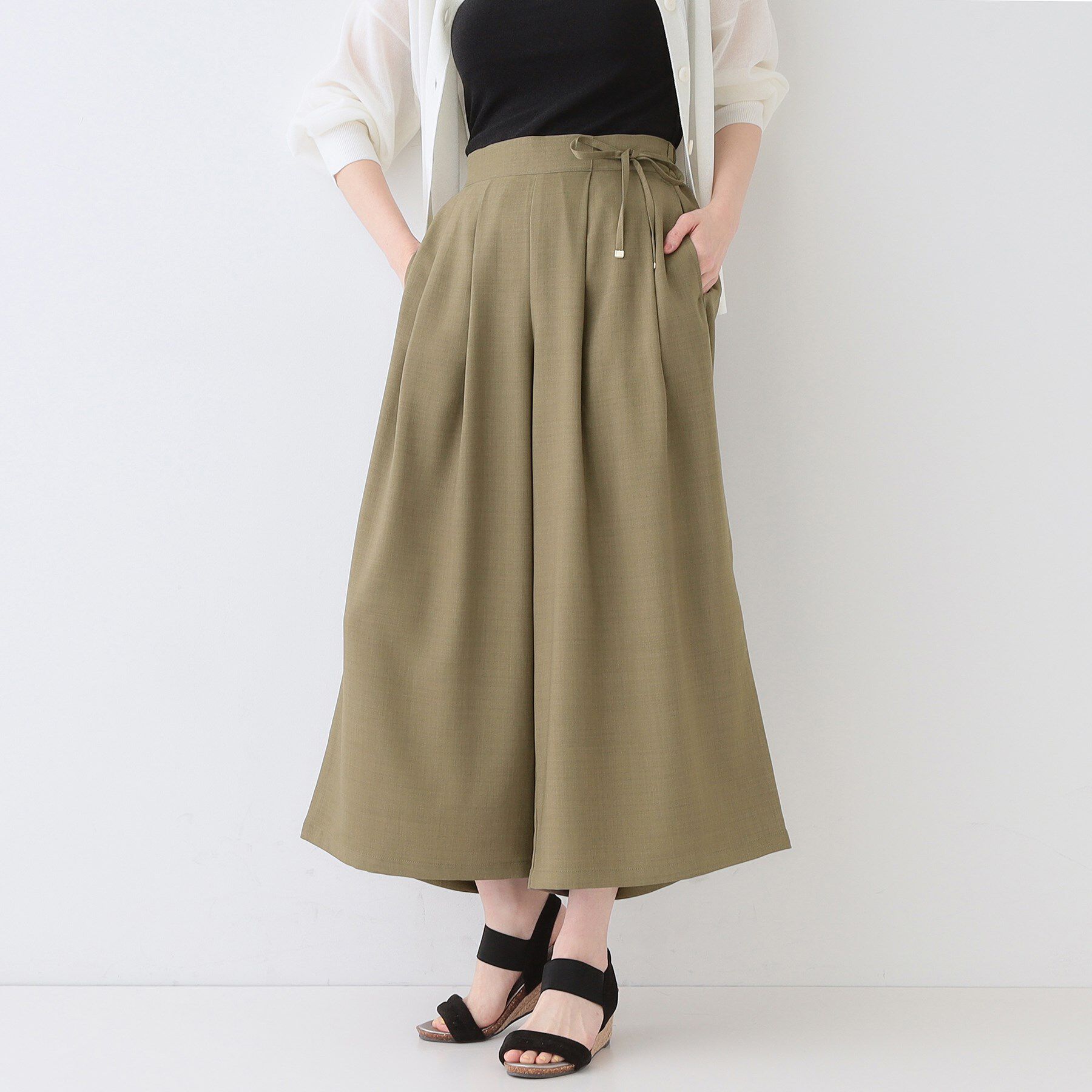 SHOO･LA･RUE「【洗える/S-LL/アイロン掛けが楽】低身長さんにもおすすめ 麻調ガウチョパンツ」|その他|オリーブグリーン(0