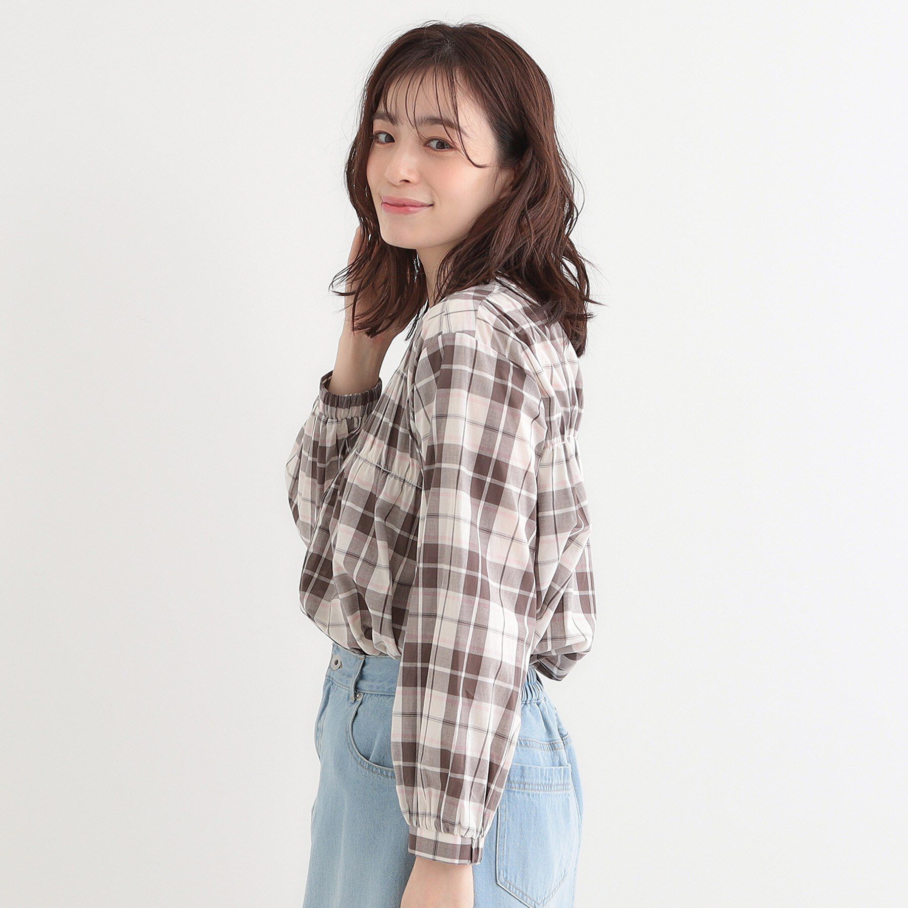 SHOO･LA･RUE「【S-LL】チェック柄シャーリングシャツ」|シャツ・ブラウス|