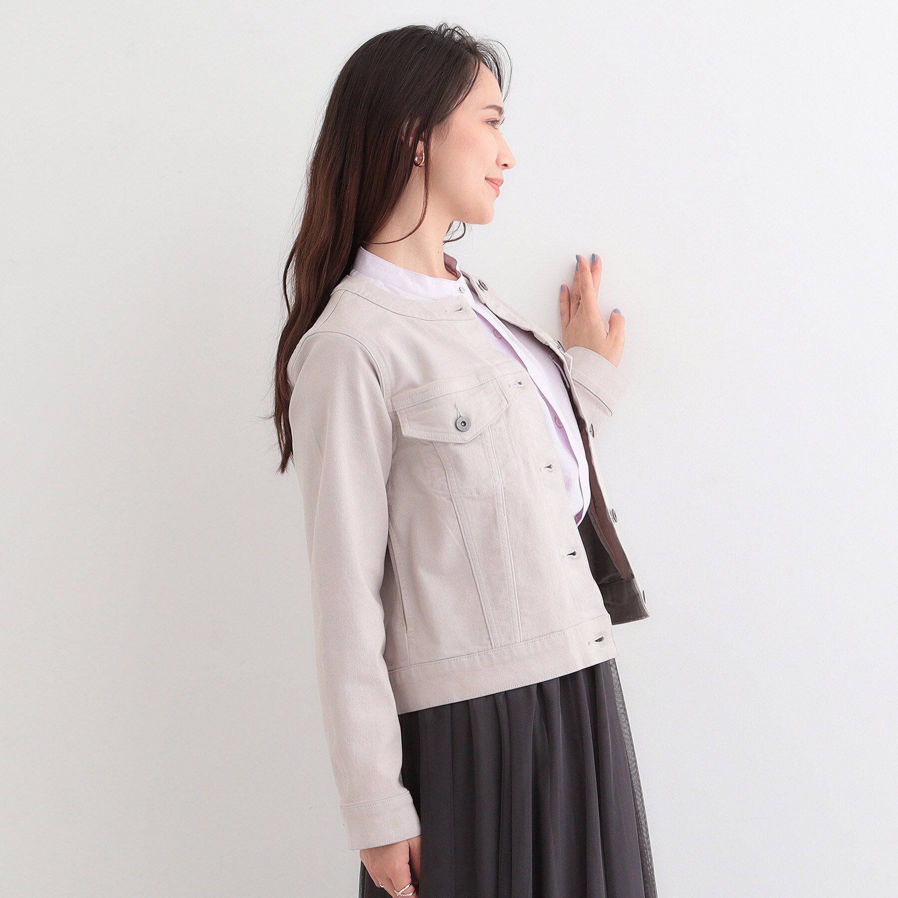 SHOO･LA･RUE「【SHOO・LA・RUE DENIM/S-LL/高レビュー】大人のための ノーカラーデニムジャケット」|デニムジャケット|