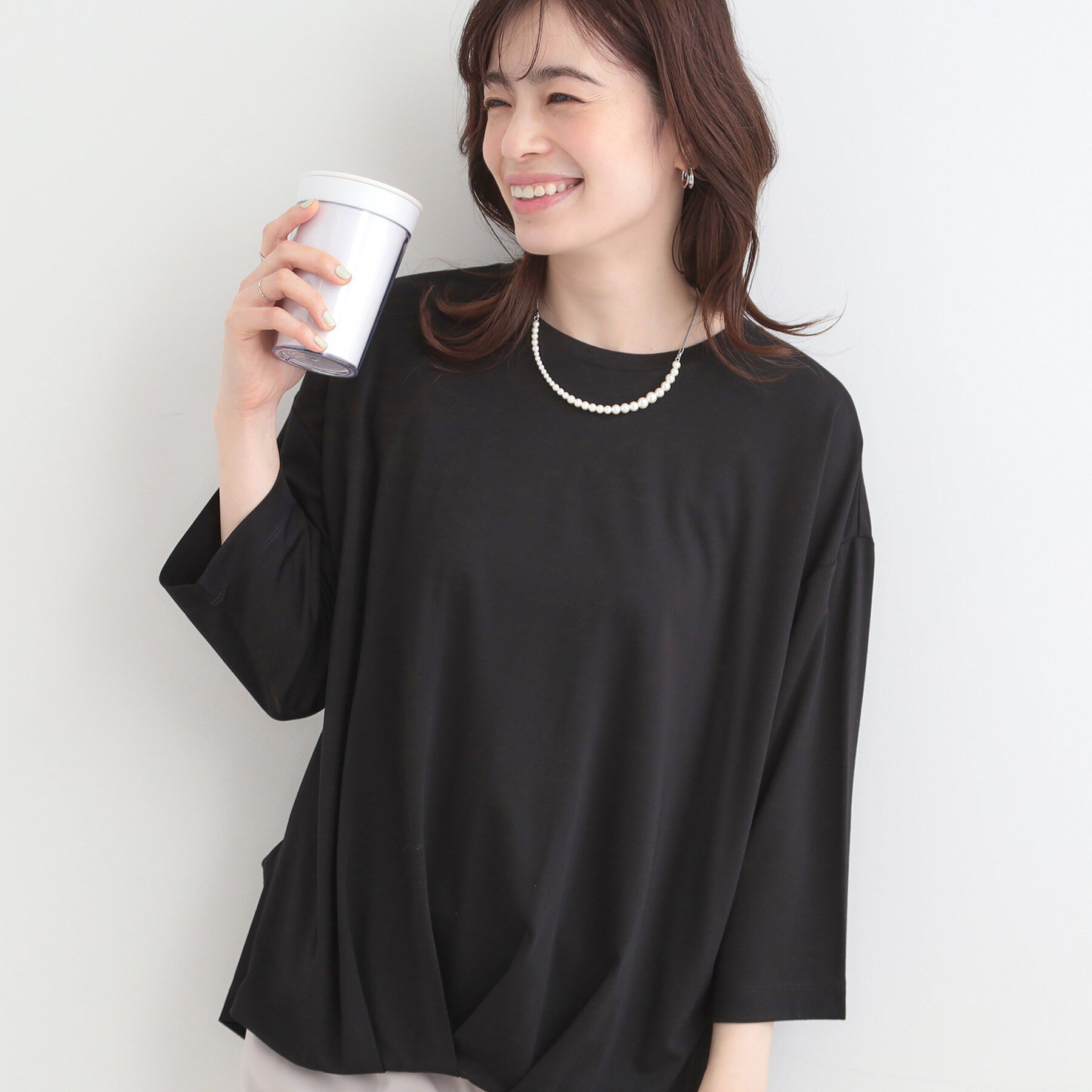 SHOO･LA･RUE「【ひんやり/UV/体系カバー】とろみフロントタック7分袖ゆるトップス」|Tシャツ・カットソー|ブラック(019)