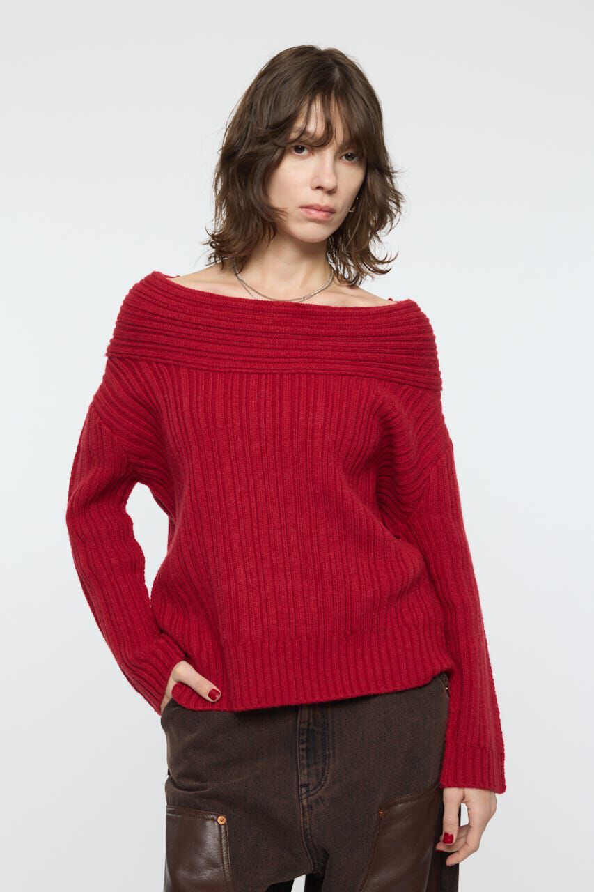 MOUSSY「OVER RIB OFF SHOULDER トップス」|ニット・セーター|RED