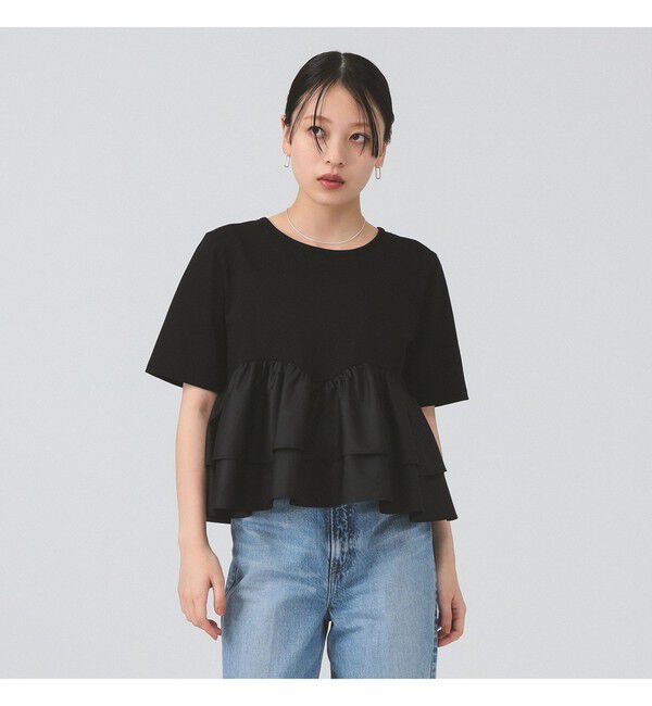 Ray BEAMS 「ティアード キリカエ Tシャツ　　26SS 通勤 通学 フリル 短丈 オンオフ対応 洗える スタイルアップ 」|Tシャツ・カットソー|BLACK